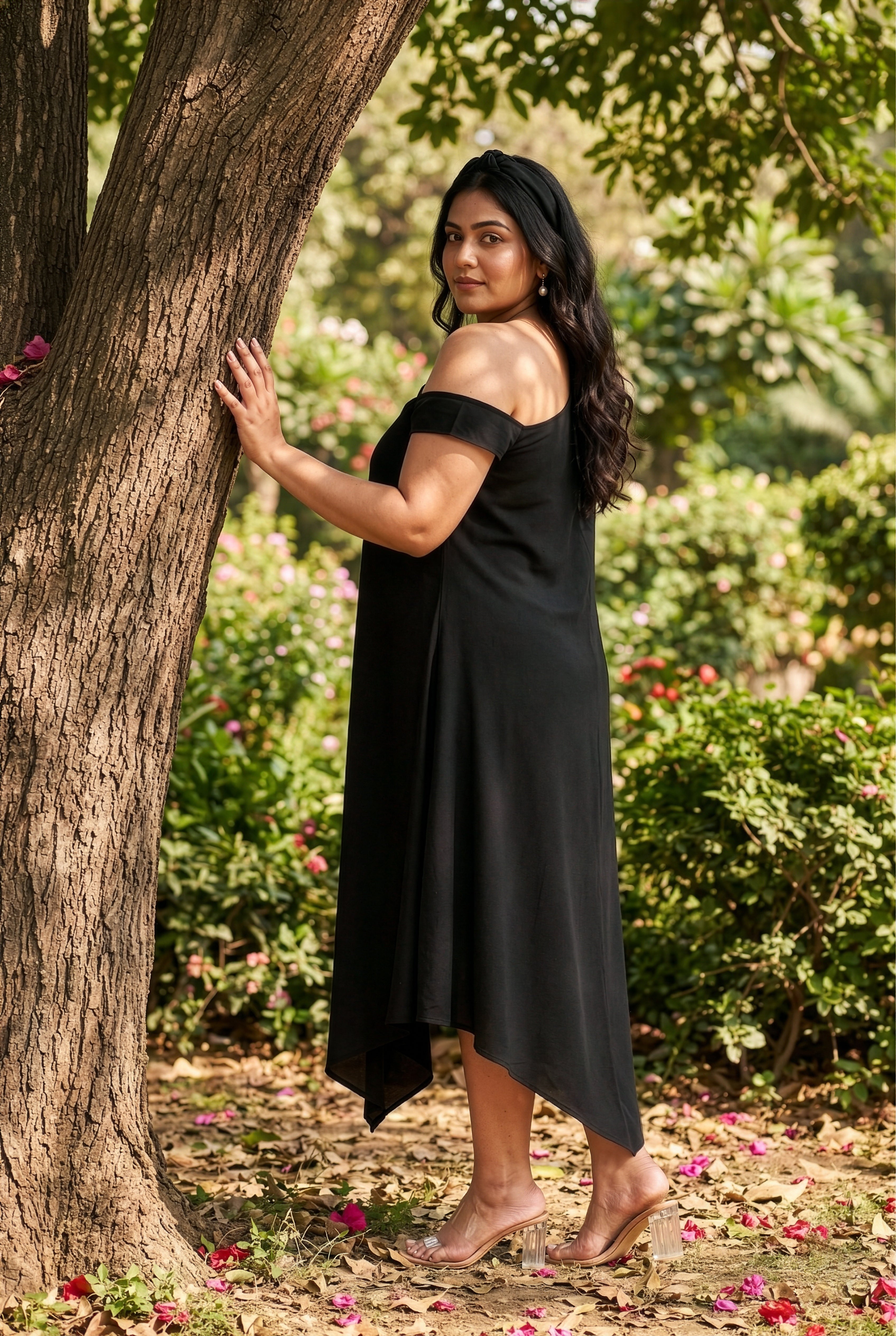 Plus Size Black Midi Dress – One Shoulder Solid Rayon Dress for Women