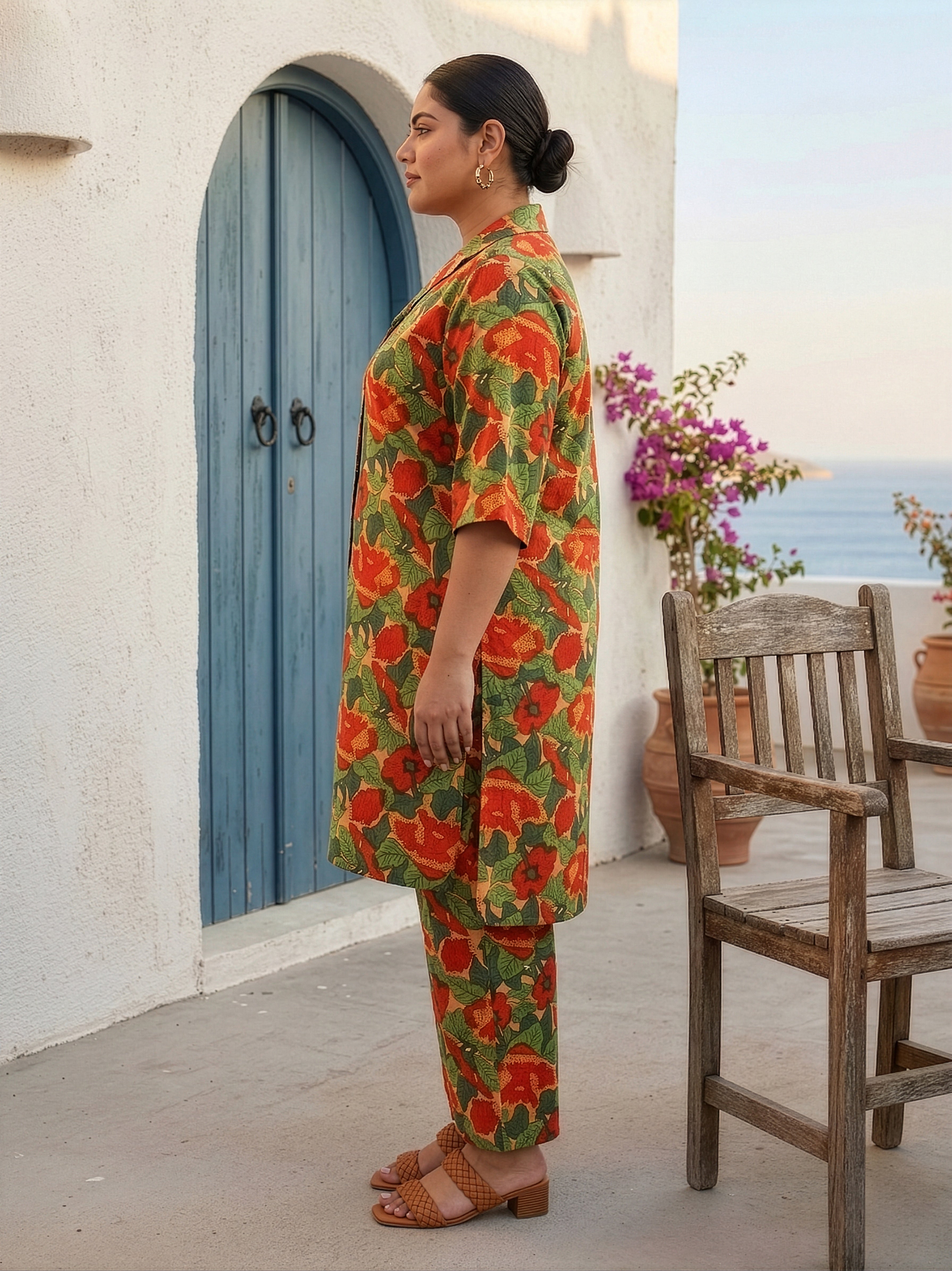 Plus Size Tropical Floral Print Cotton Co-Ord Set for Women – Button Down Kurta & Pants