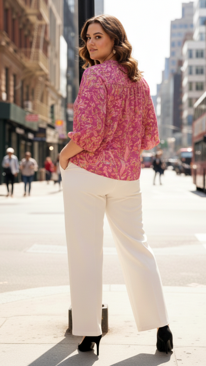 Pink & Gold Floral Tie-Neck Top
