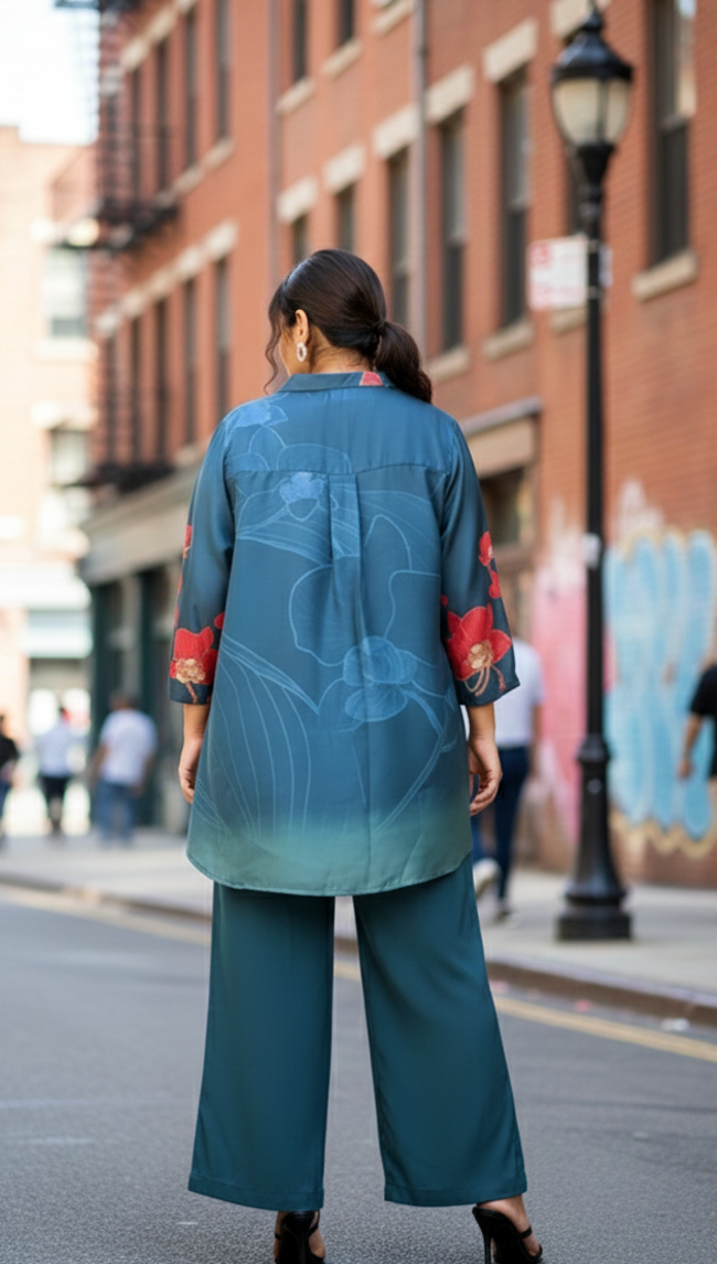 Flowy Satin Teal Co-ord Set with Digital Floral Print