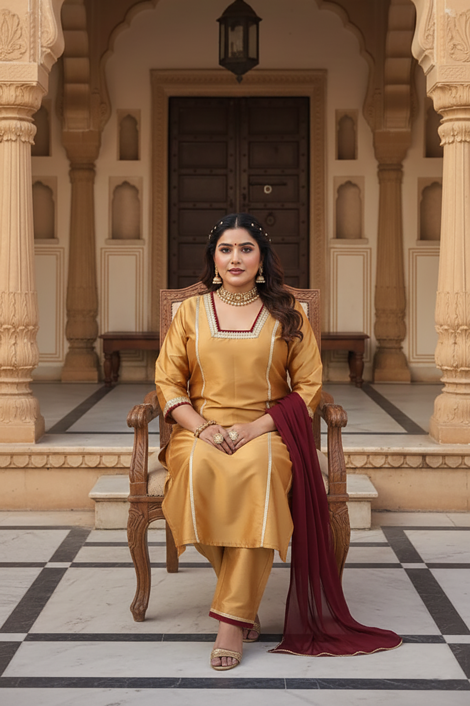 Plus Size Mustard Golden Silk Kurta, Pants & Dupatta Set for Women