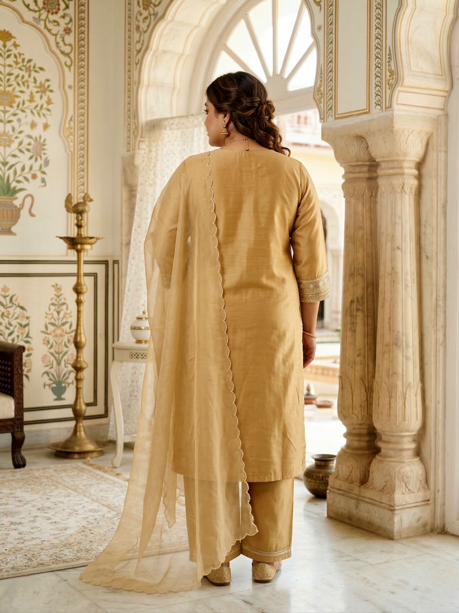 Plus Size Women Elegant Gold Silk Kurta Set - Festive Ethnic Wear with Dupatta