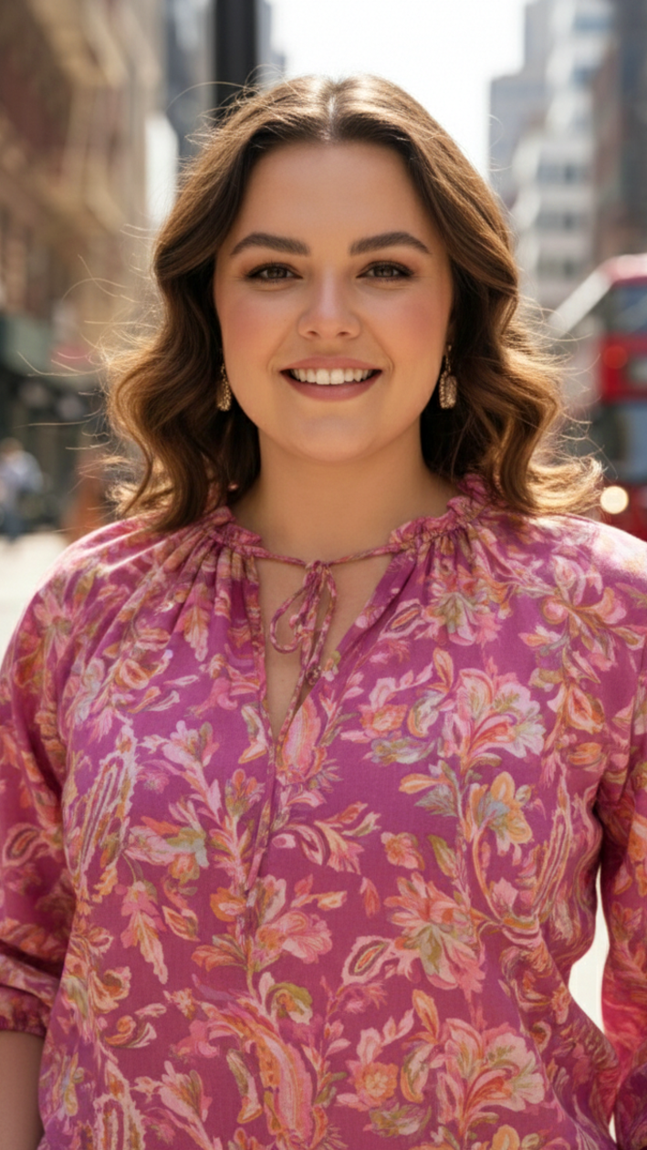 Pink & Gold Floral Tie-Neck Top