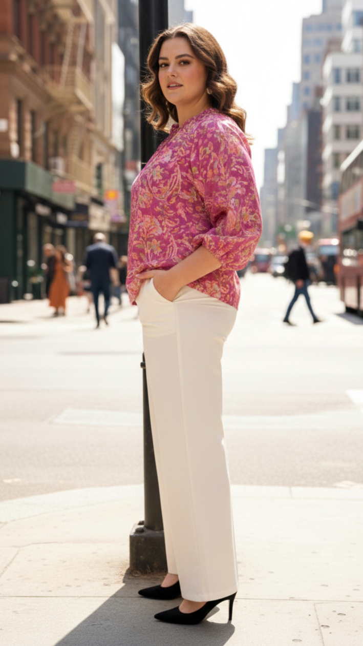 Pink & Gold Floral Tie-Neck Top