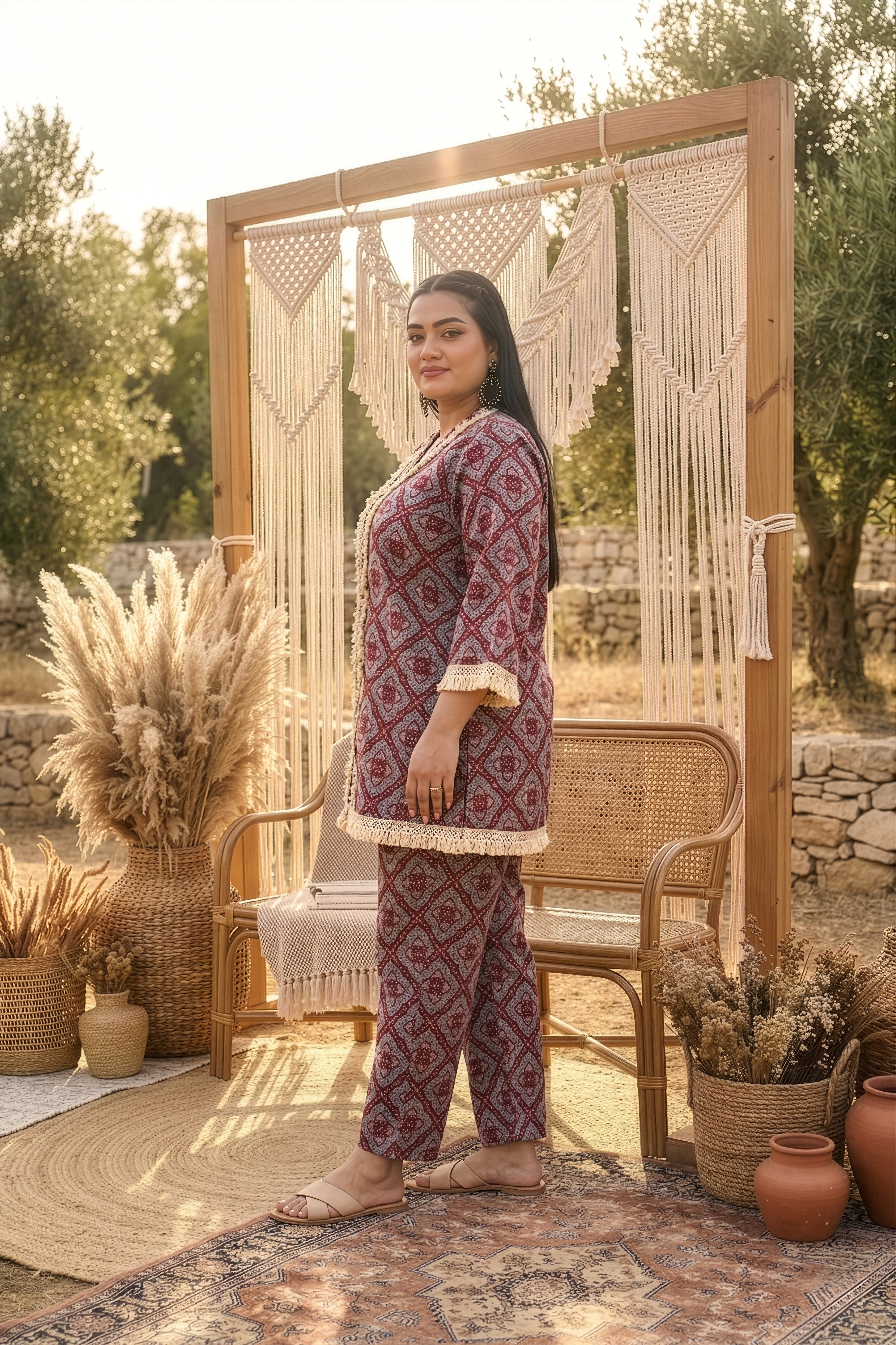 Plus Size Wine Cotton Co-ord Set for Women with Lace Detail – Relaxed Fit
