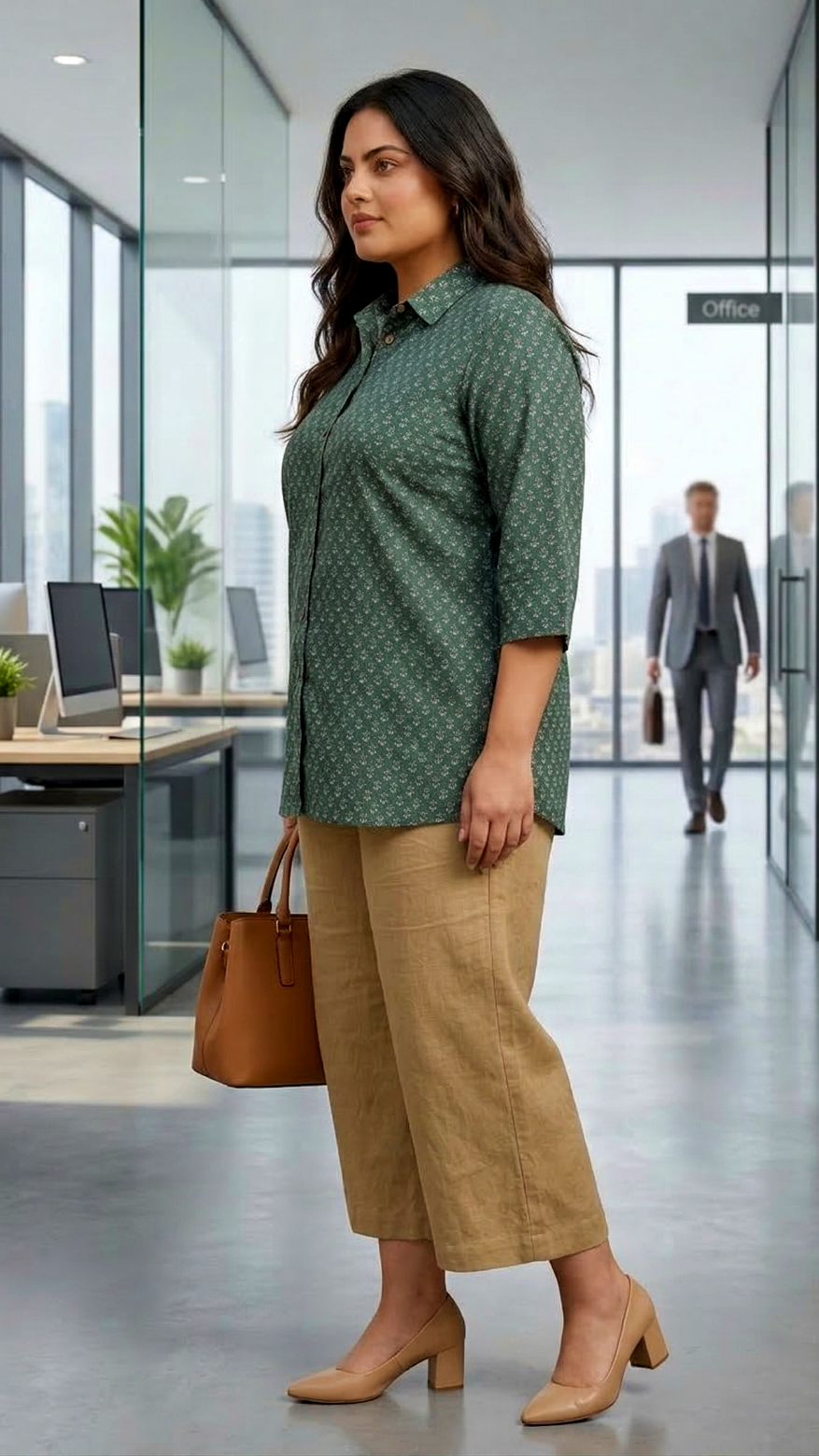 Plus Size Green Printed Cotton Shirt for Women – Smart Casual Office Wear Top