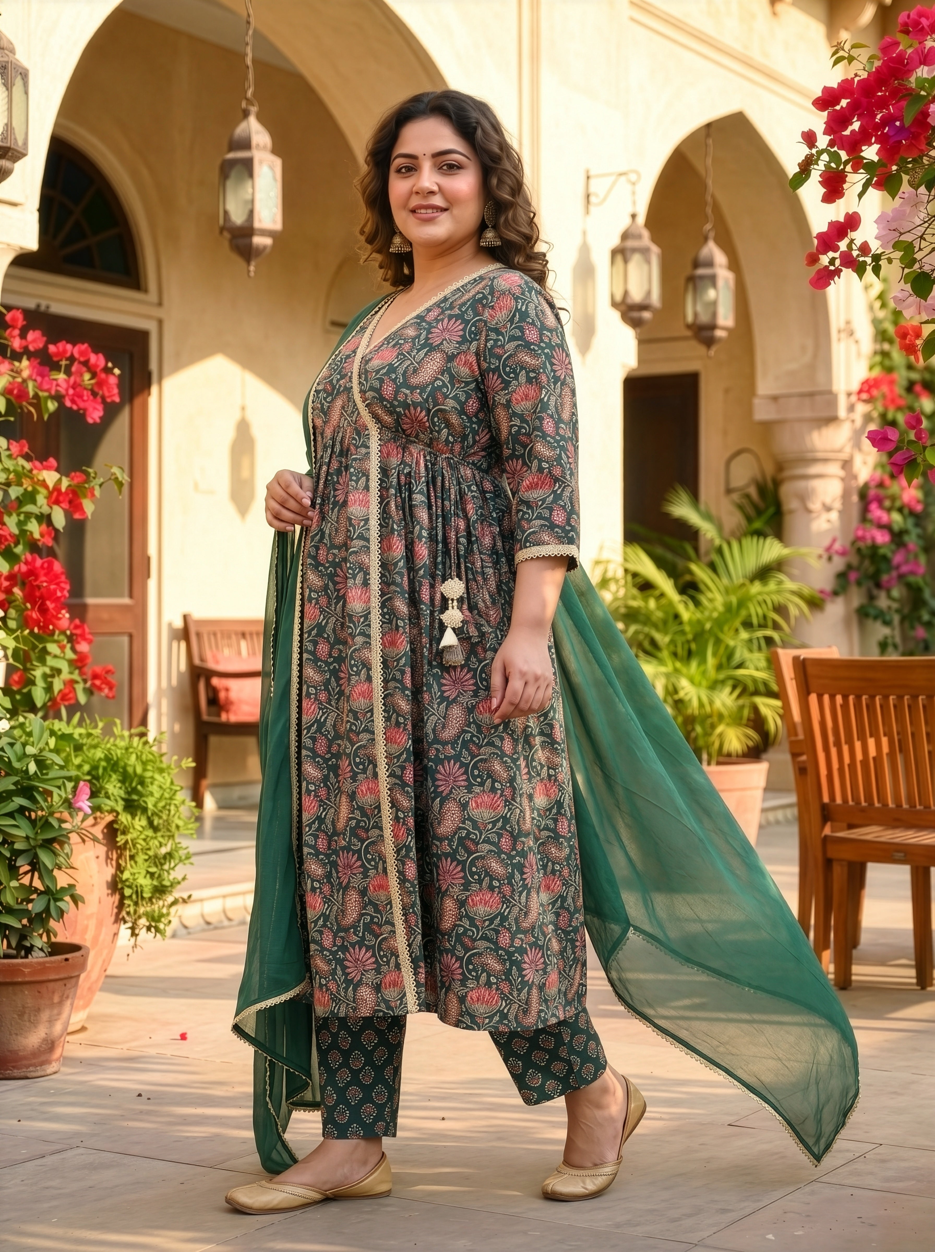 Plus Size Green Printed Cotton Kurta Suit Set with Dupatta – Elegant Ethnic Wear
