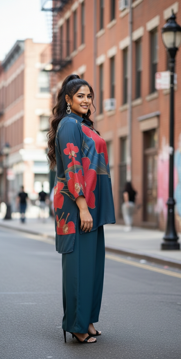 Flowy Satin Teal Co-ord Set with Digital Floral Print