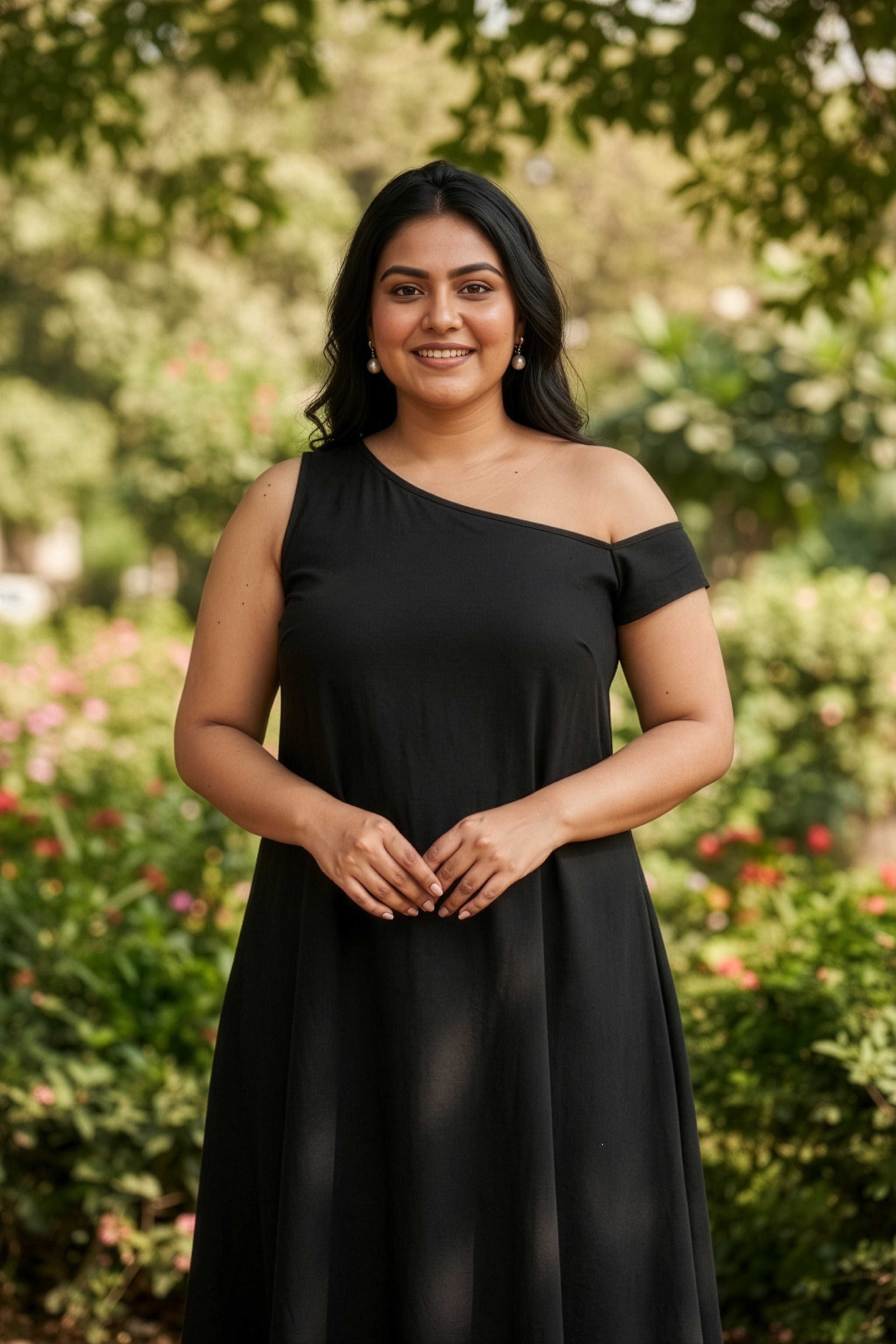 Plus Size Black Midi Dress – One Shoulder Solid Rayon Dress for Women