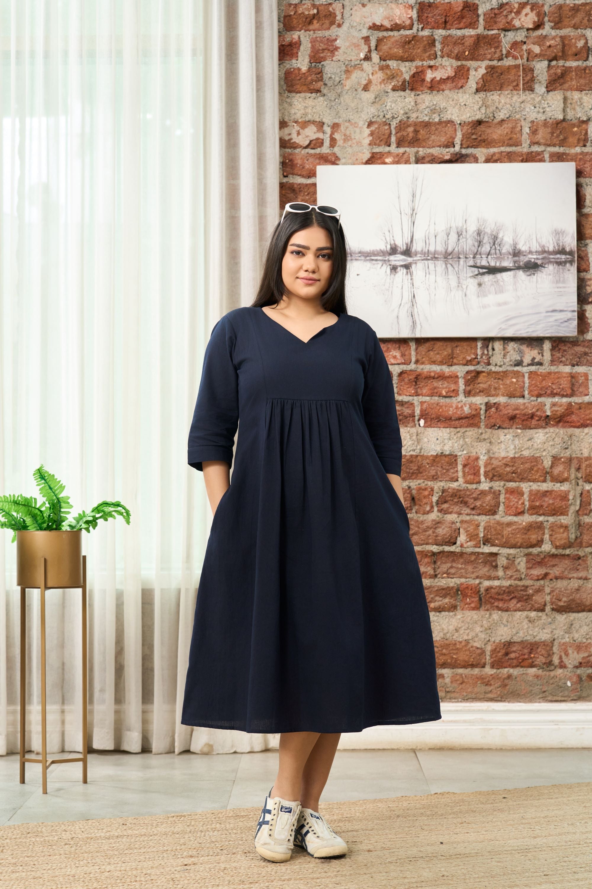 Navy Blue V-Neck Linen Midi Dress with Gathered Waist