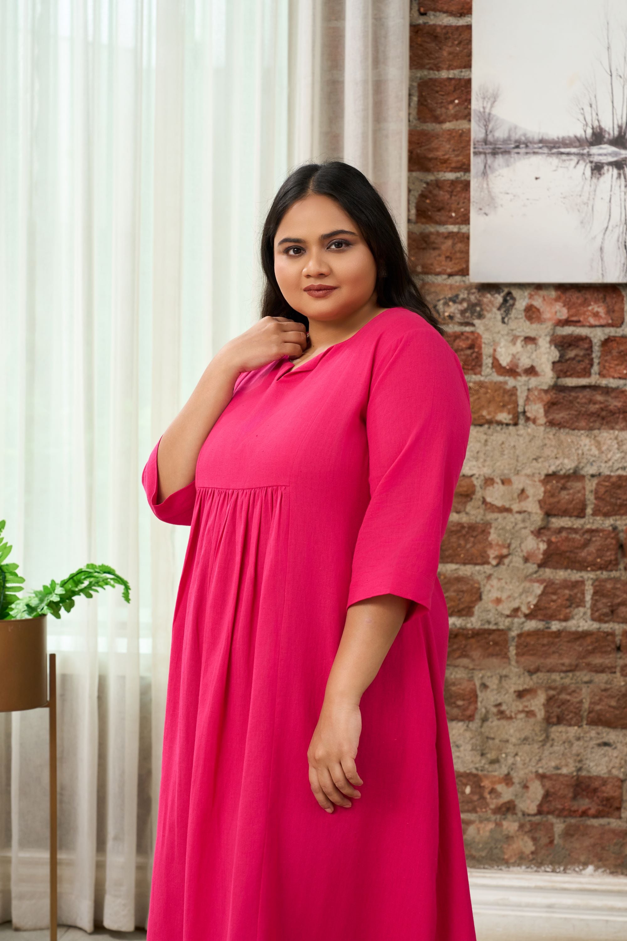 Fuchsia Pink V-Neck Linen Midi Dress with Gathered Waist