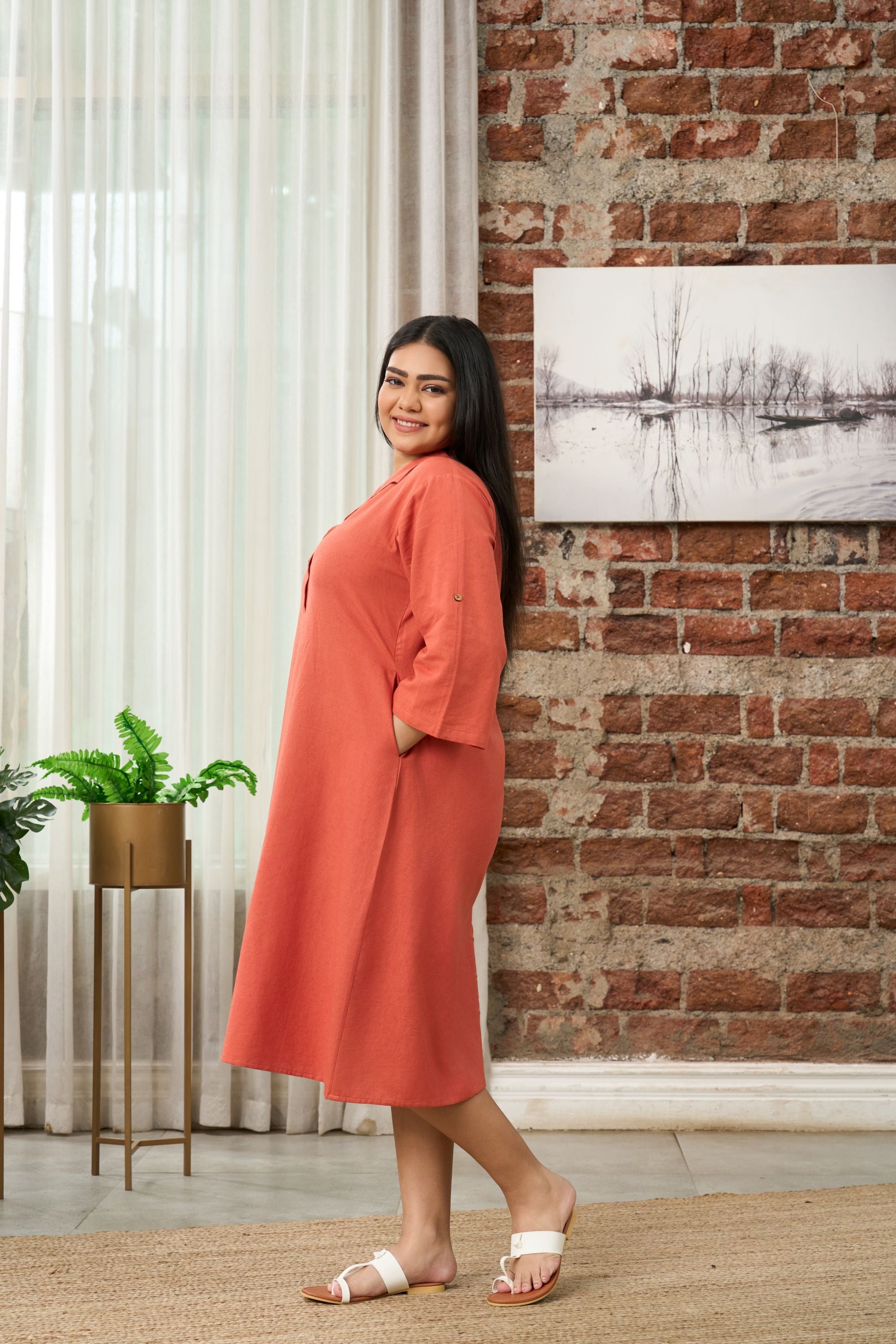 Rust Orange Mid-Length Linen Shirt Collar Dress