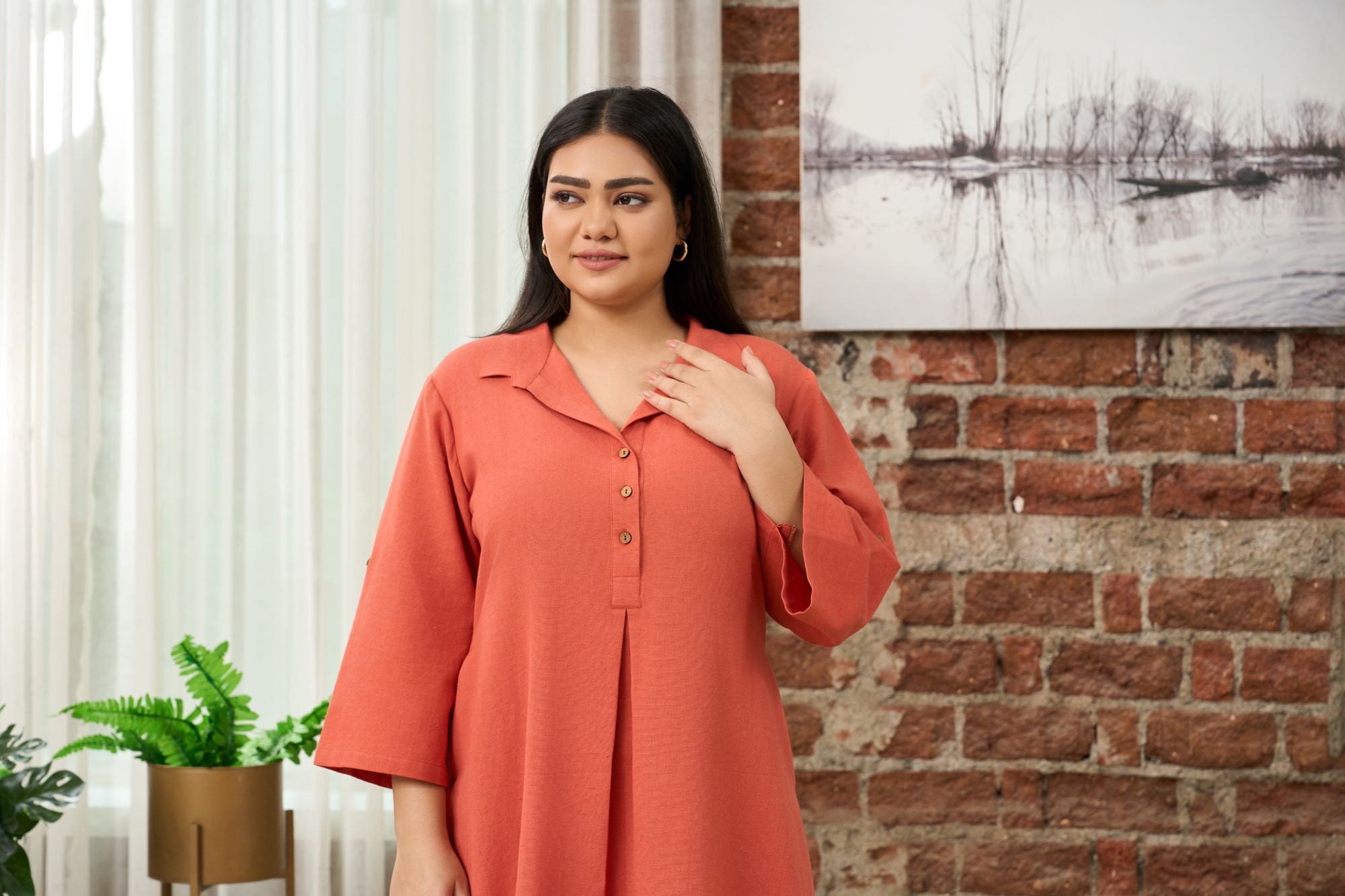 Rust Orange Mid-Length Linen Shirt Collar Dress