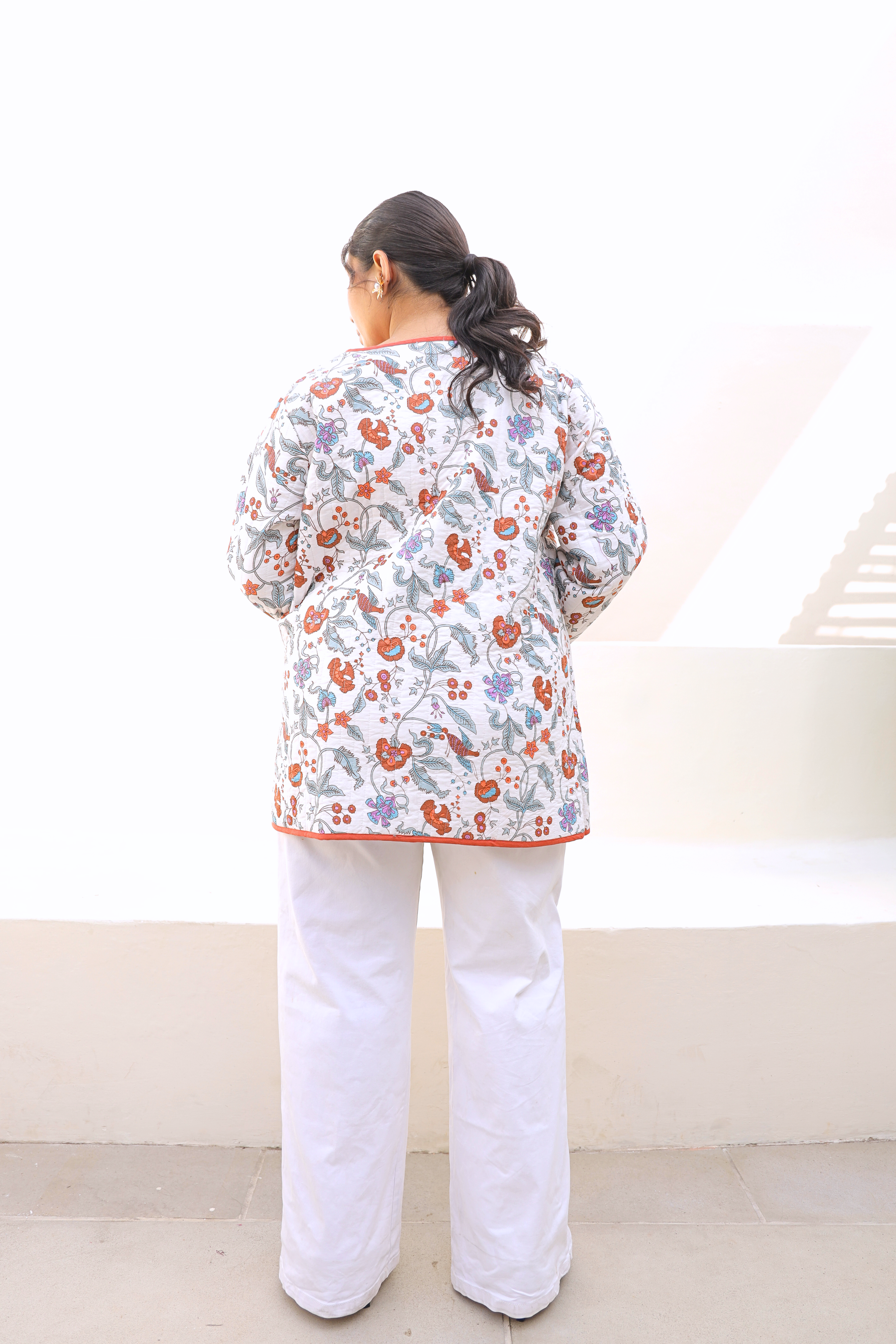 Floral Hand-Block Quilted Puffer Cotton Longline Jacket – Ivory Garden