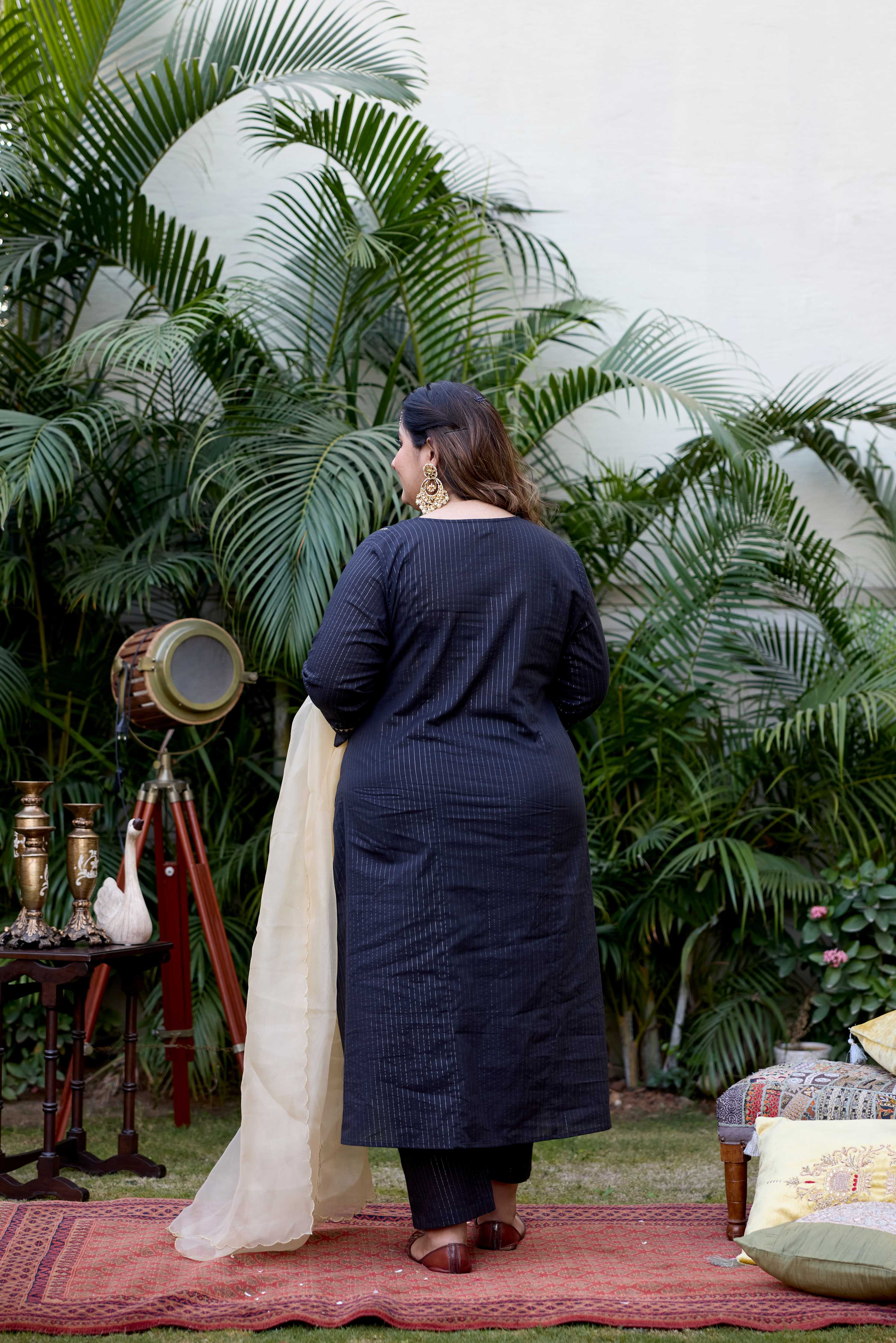 Black Golden Cotton Lurex Kurta Set - (Set of 3)