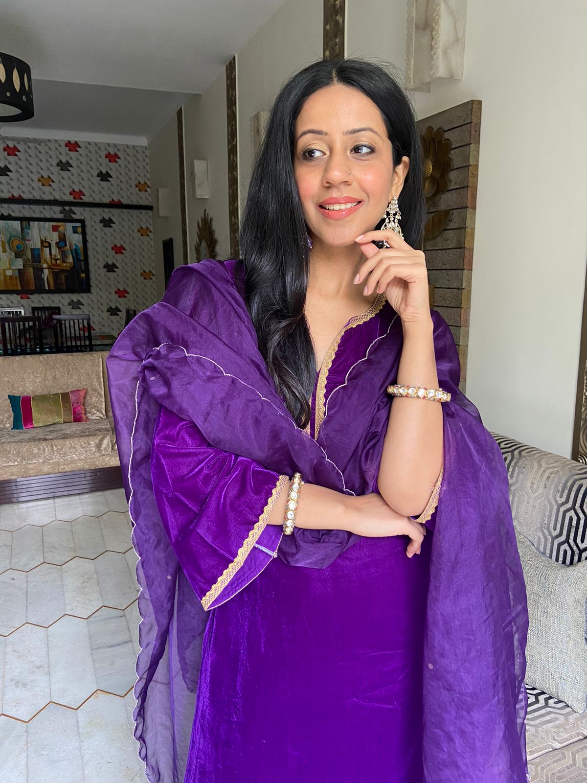 Purple Velvet Kurta Set - (Set of 3)