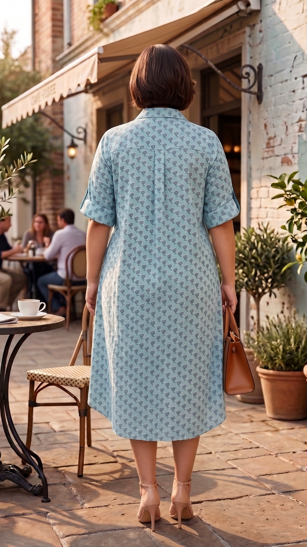 Plus Size Cotton Shirt Dress for Women – Blue Printed Midi Dress with Collar