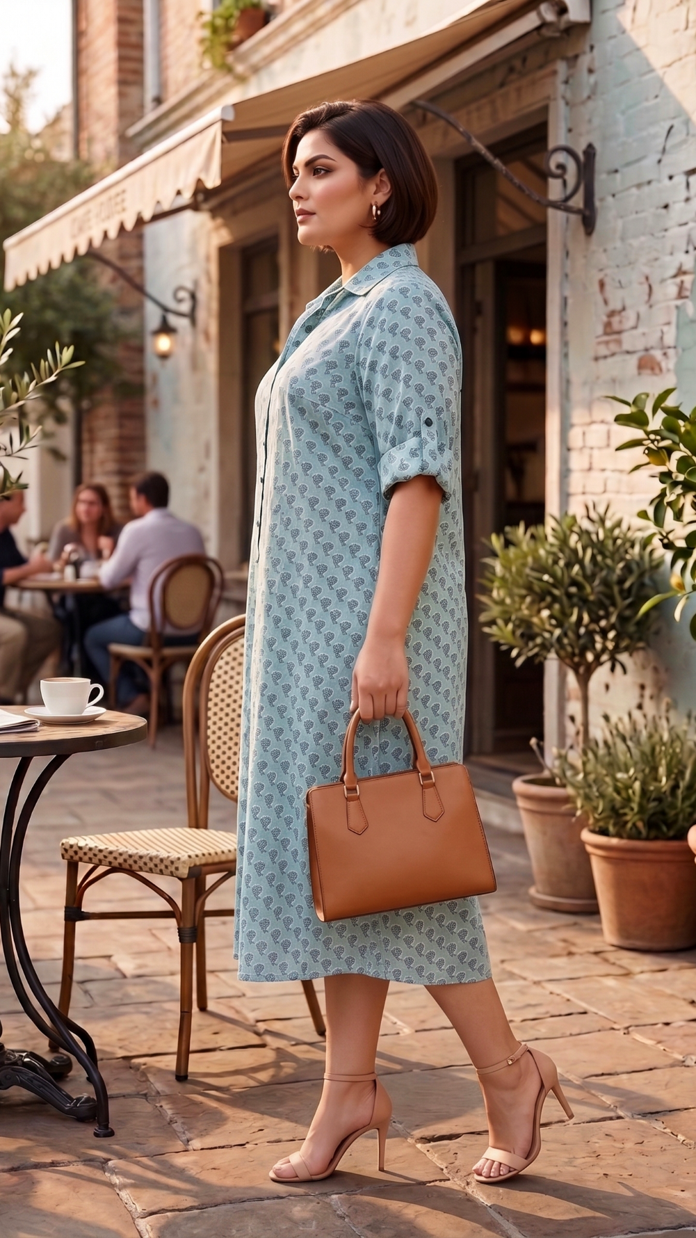 Plus Size Cotton Shirt Dress for Women – Blue Printed Midi Dress with Collar