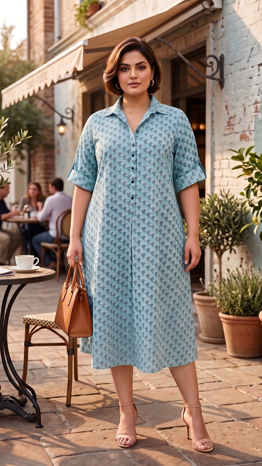 Plus Size Cotton Shirt Dress for Women – Blue Printed Midi Dress with Collar