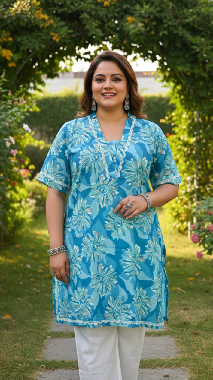 Ocean Blue Floral Cotton Kurta – Summer Prefect(only kurta)