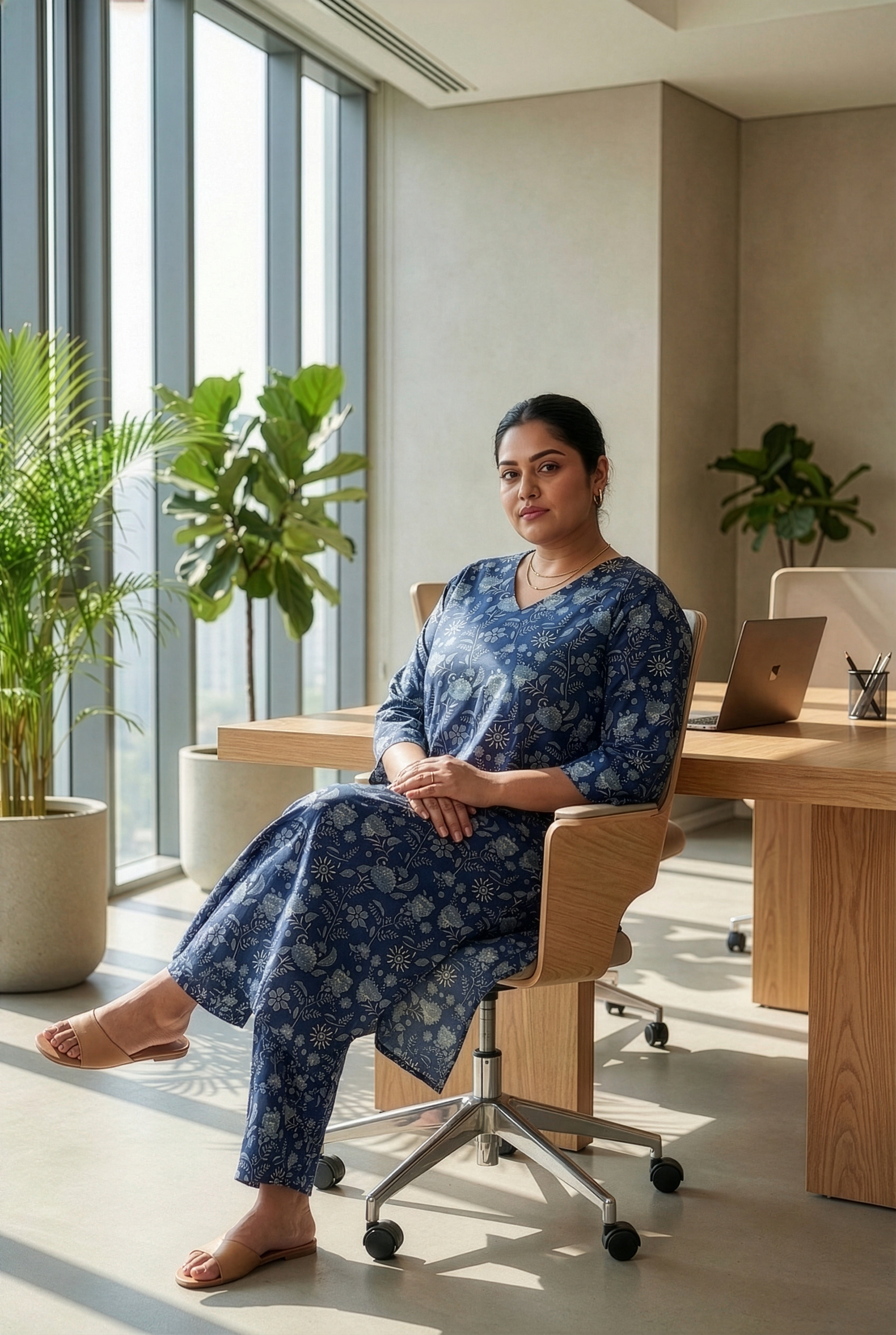 Plus Size Blue Cotton Co-Ord Set for Women – Printed Kurta & Pants Set