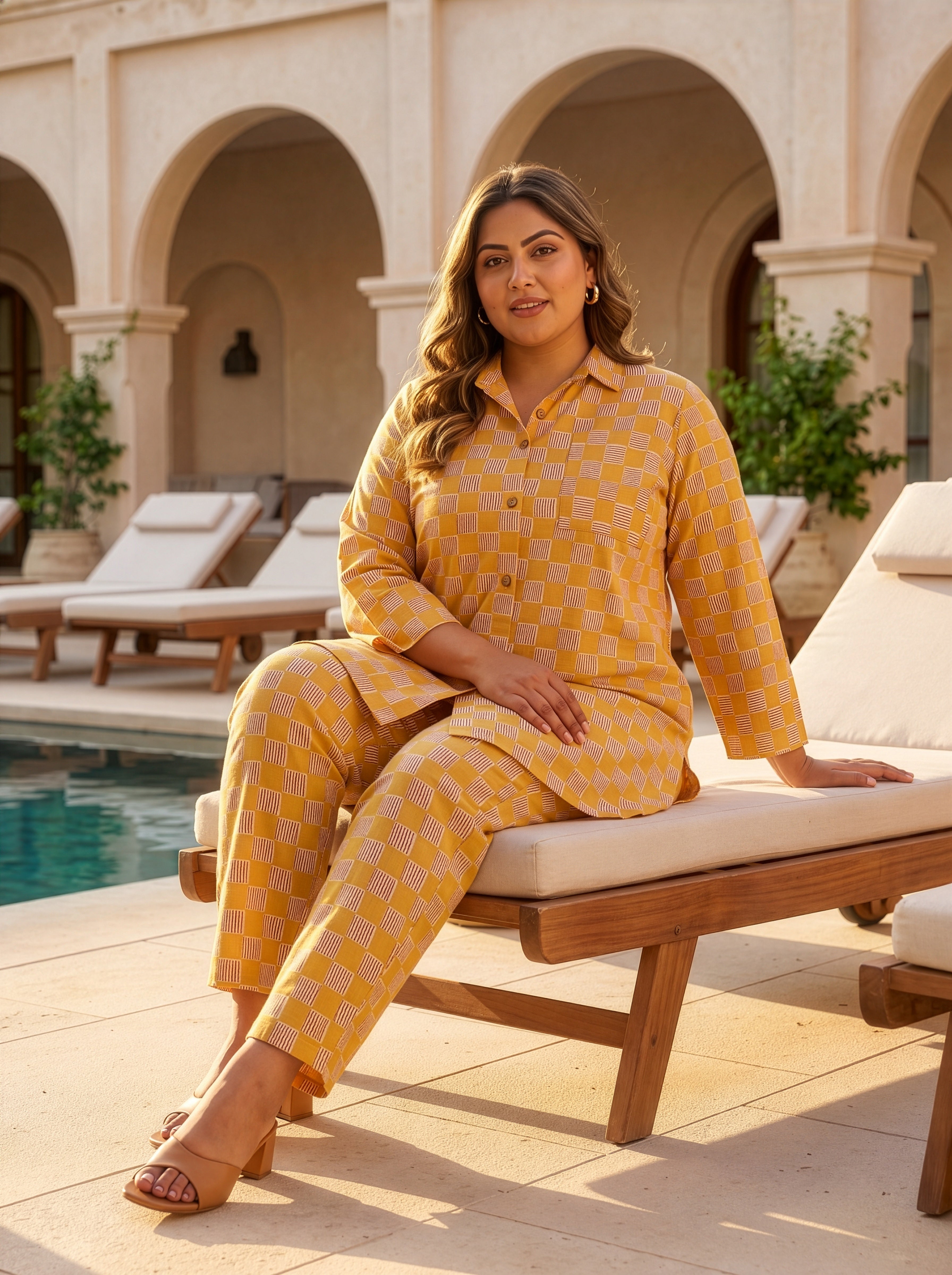 Plus Size Yellow Checkered Cotton Co-ord Set for Women – Casual Shirt & Pant Set