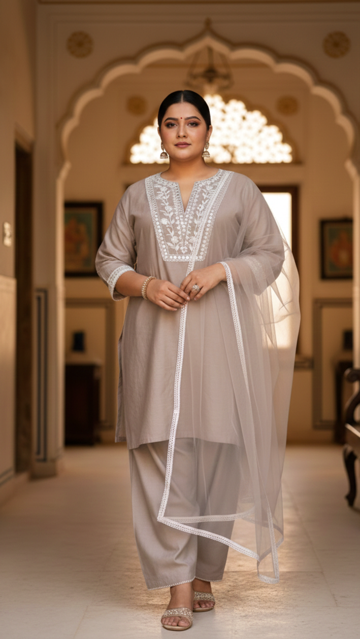 Plus Size Women’s Grey Embroidered Taffeta Kurta Set with Dupatta – Premium Festive Wear