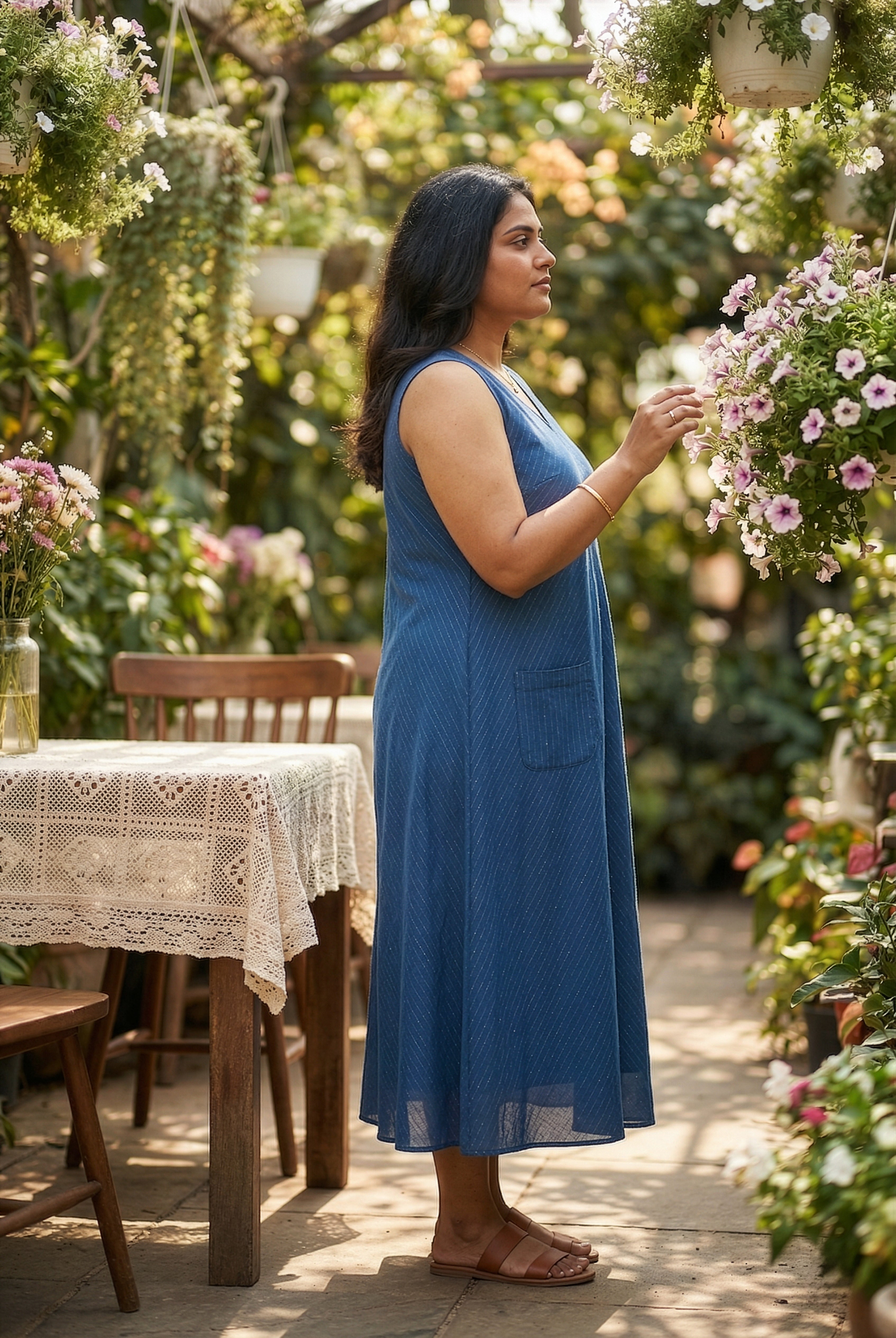 Plus Size Blue Cotton Lurex Maxi Dress for Women – Sleeveless A-Line Dress