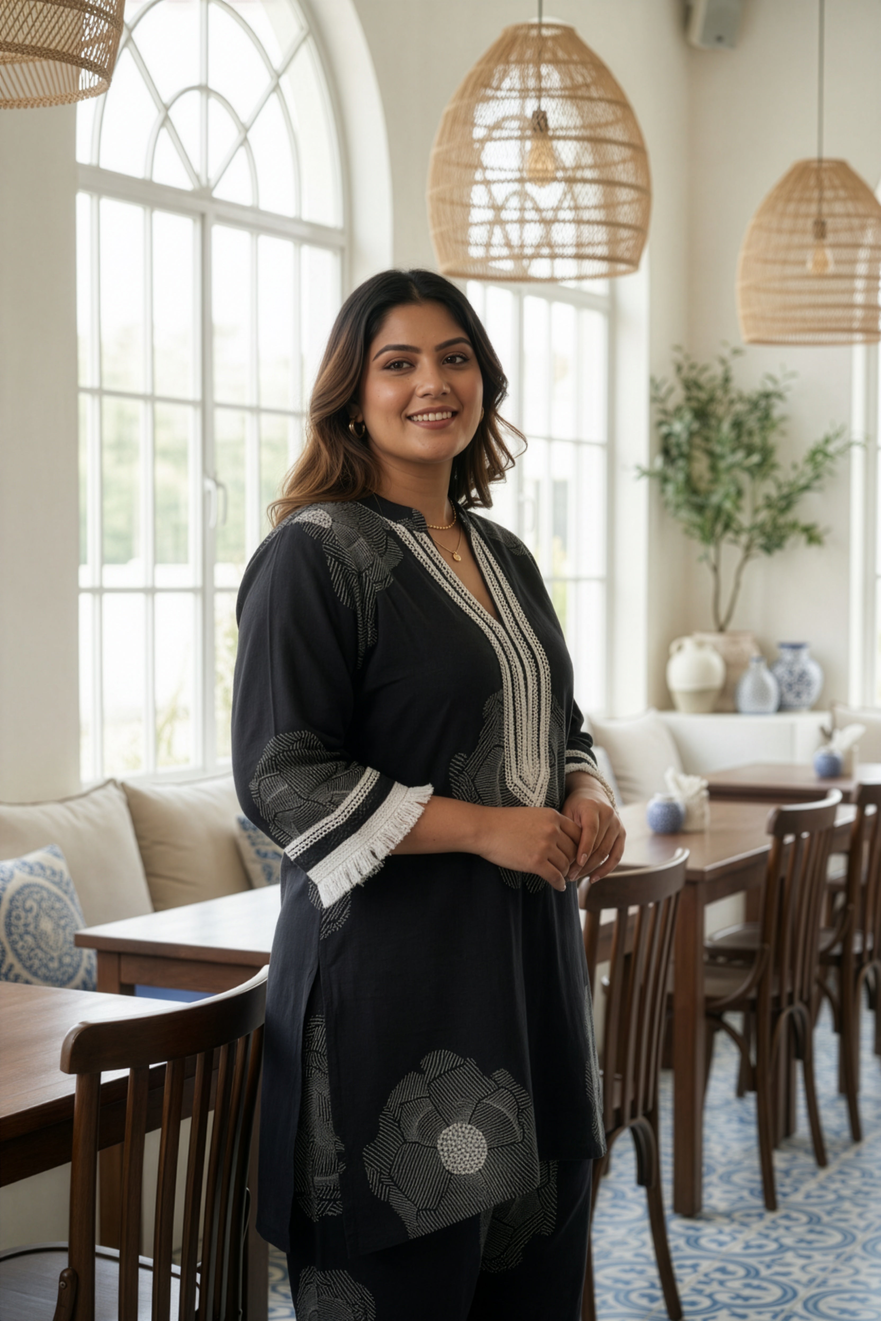Plus Size Black & White Cotton Cambric Co-ord Set – Floral Printed Kurta & Pant Set