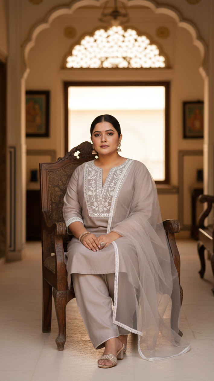 Plus Size Women’s Grey Embroidered Taffeta Kurta Set with Dupatta – Premium Festive Wear