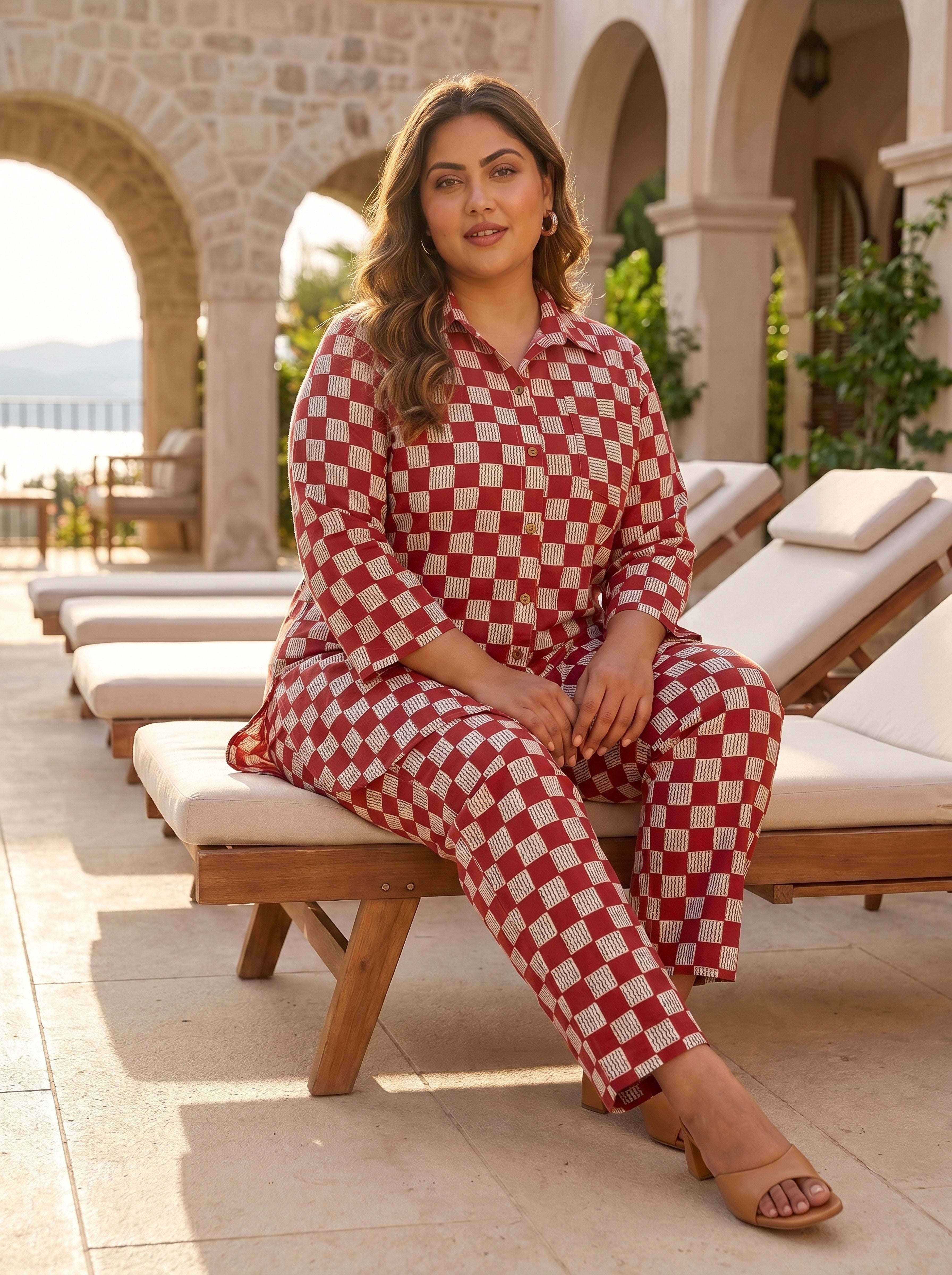 Plus Size Red  Checkered Cotton Co-ord Set for Women – Printed Relaxed Fit Shirt & Pants Set