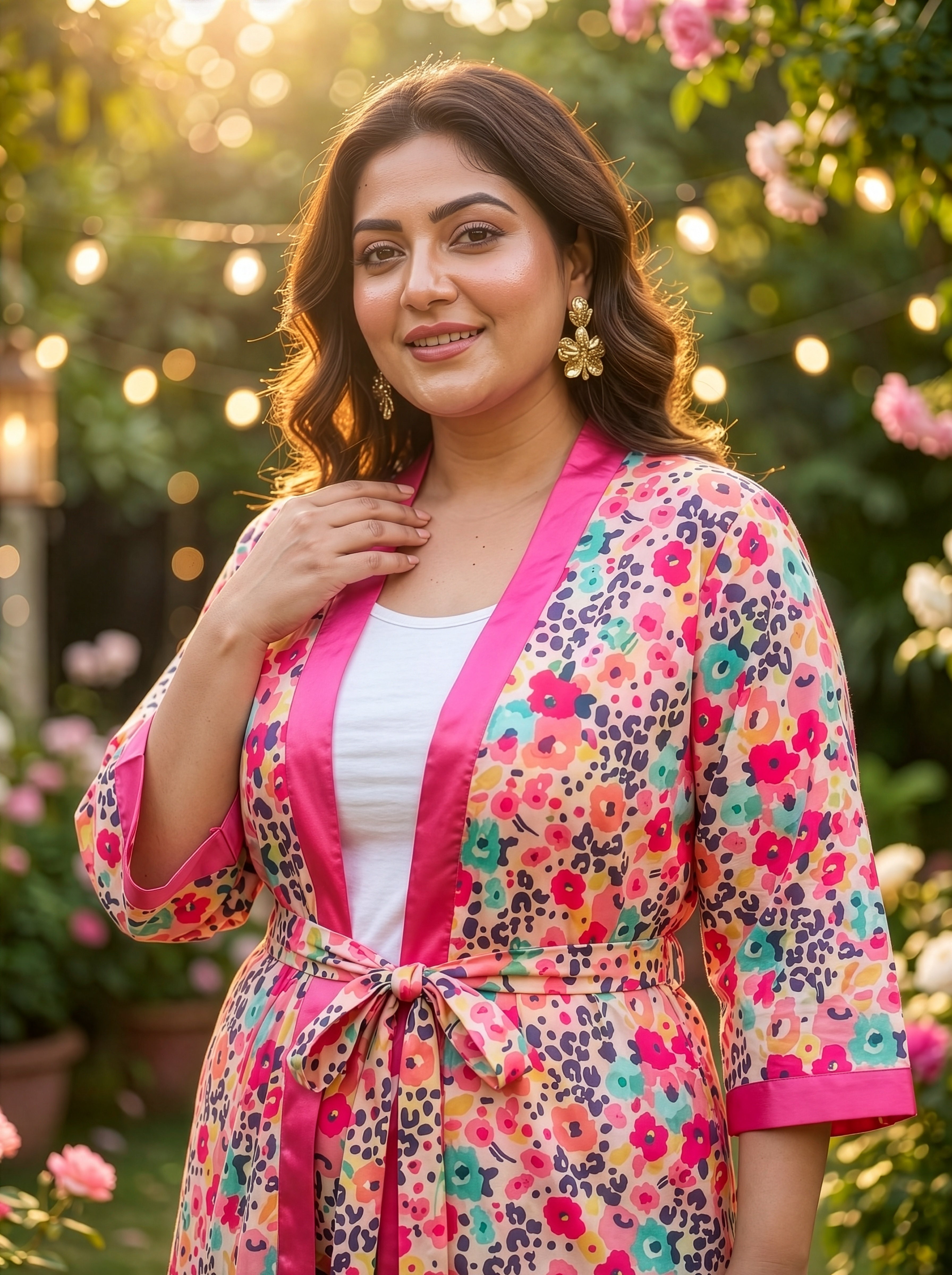 Plus Size Peach Satin Kimono Co-ord Set for Women – Printed Kimono & Trousers