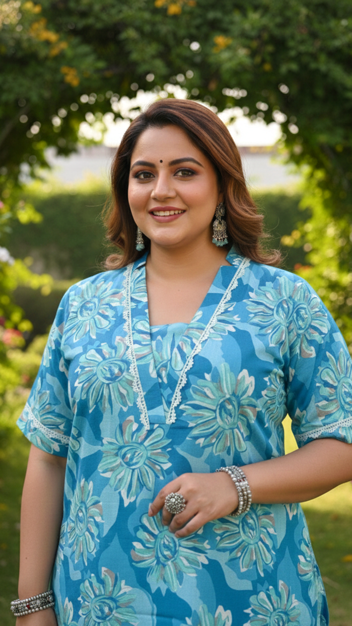 Ocean Blue Floral Cotton Kurta – Summer Prefect(only kurta)