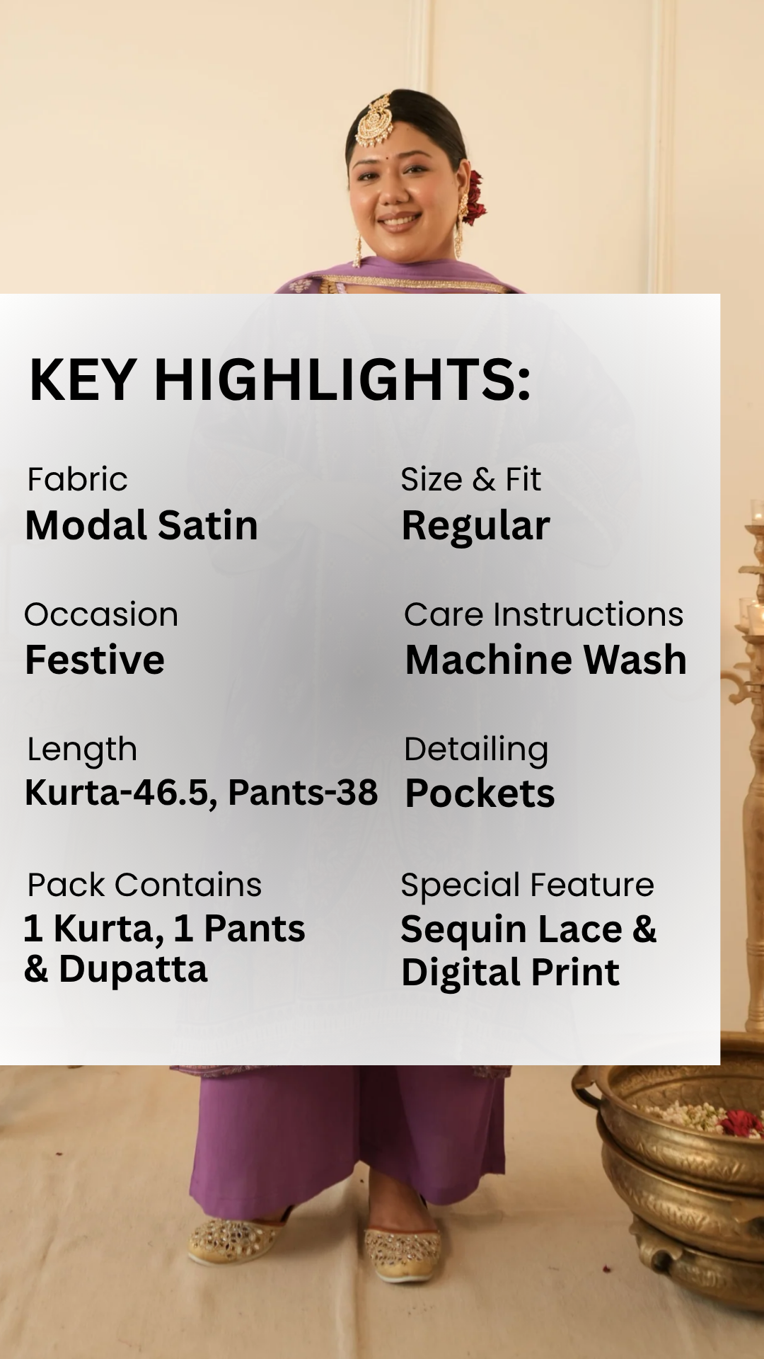 Lavender Satin Digital Print Kurta Set