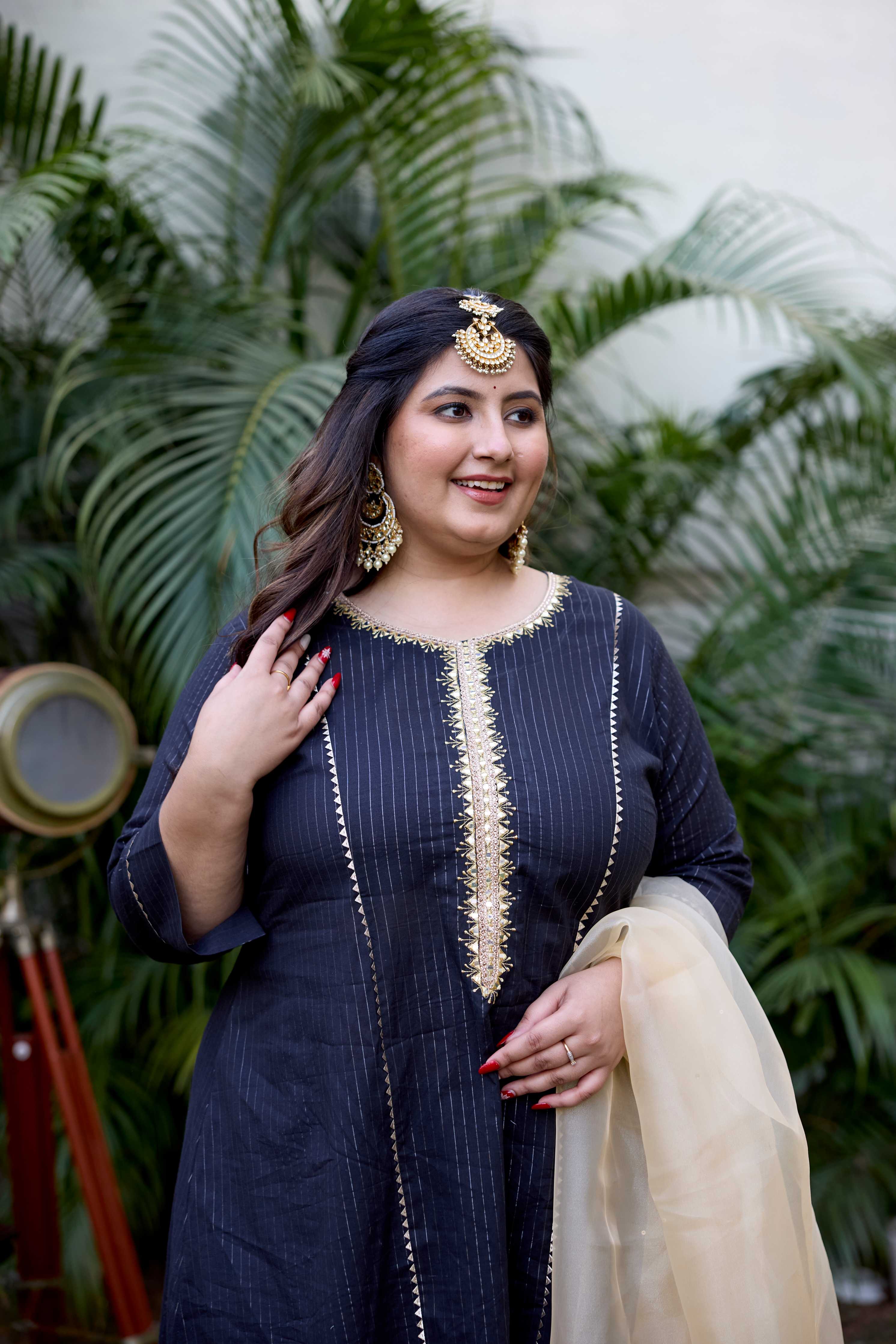 Black Golden Cotton Lurex Kurta Set - (Set of 3)