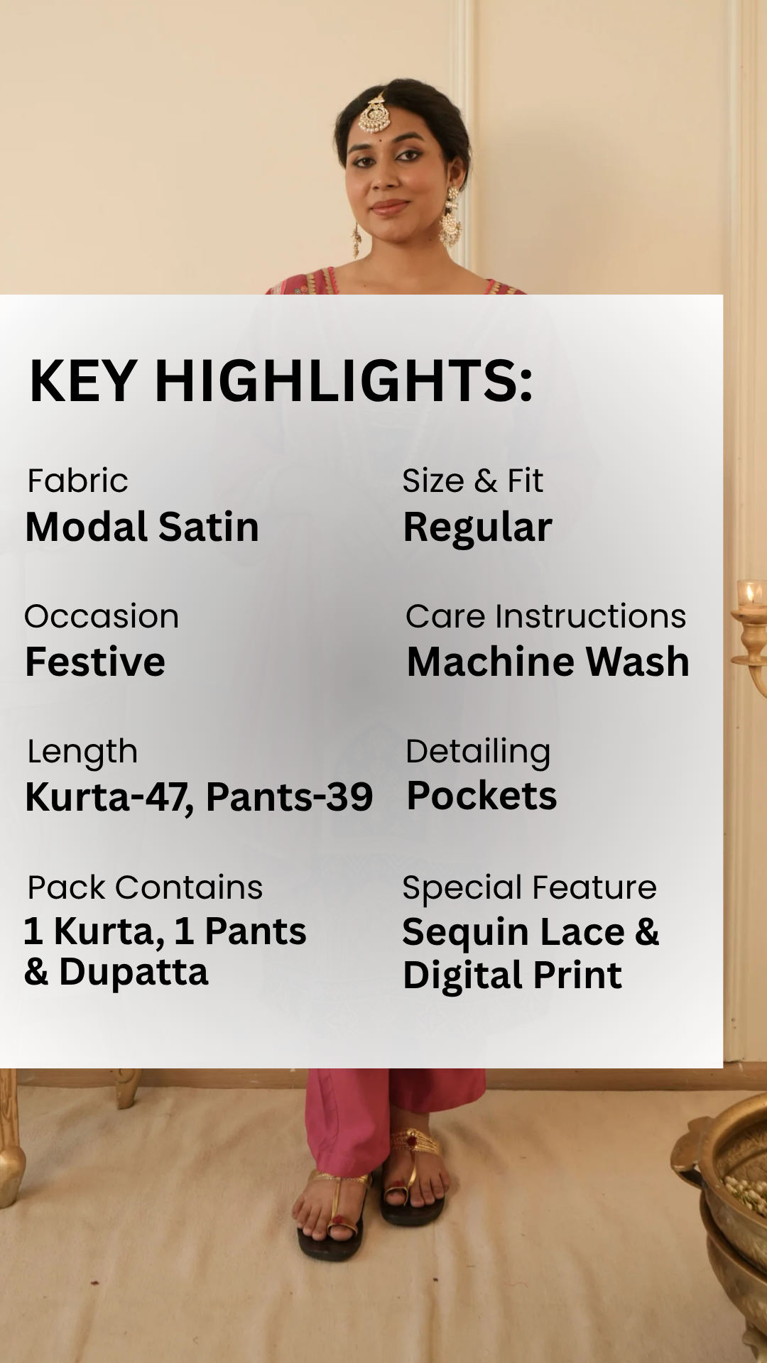 Fuchsia Pink Satin Digital Print Kurta Set