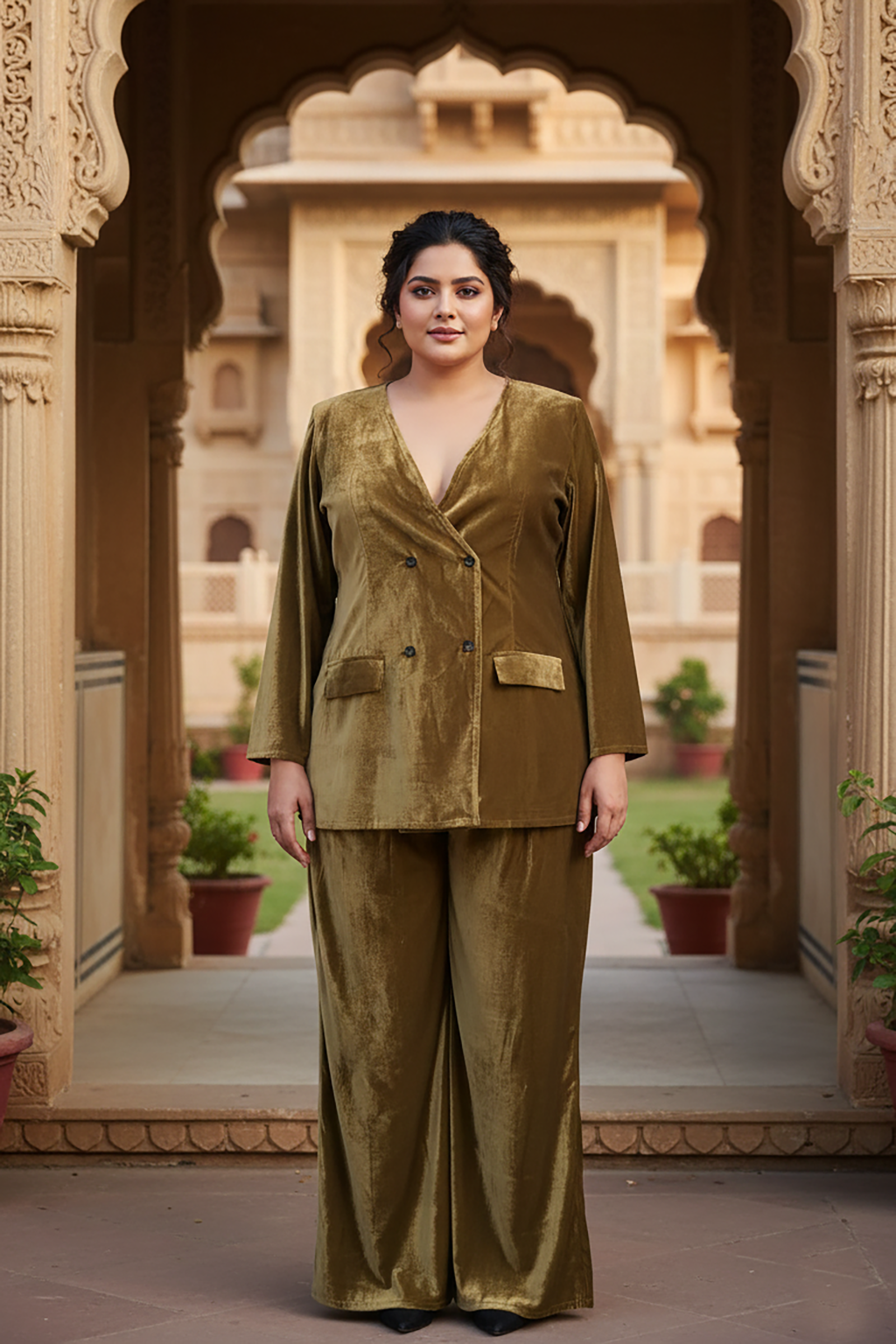 Plus Size Premium Plush Velvet Blazer & Wide-Leg Pants Co-Ord Set