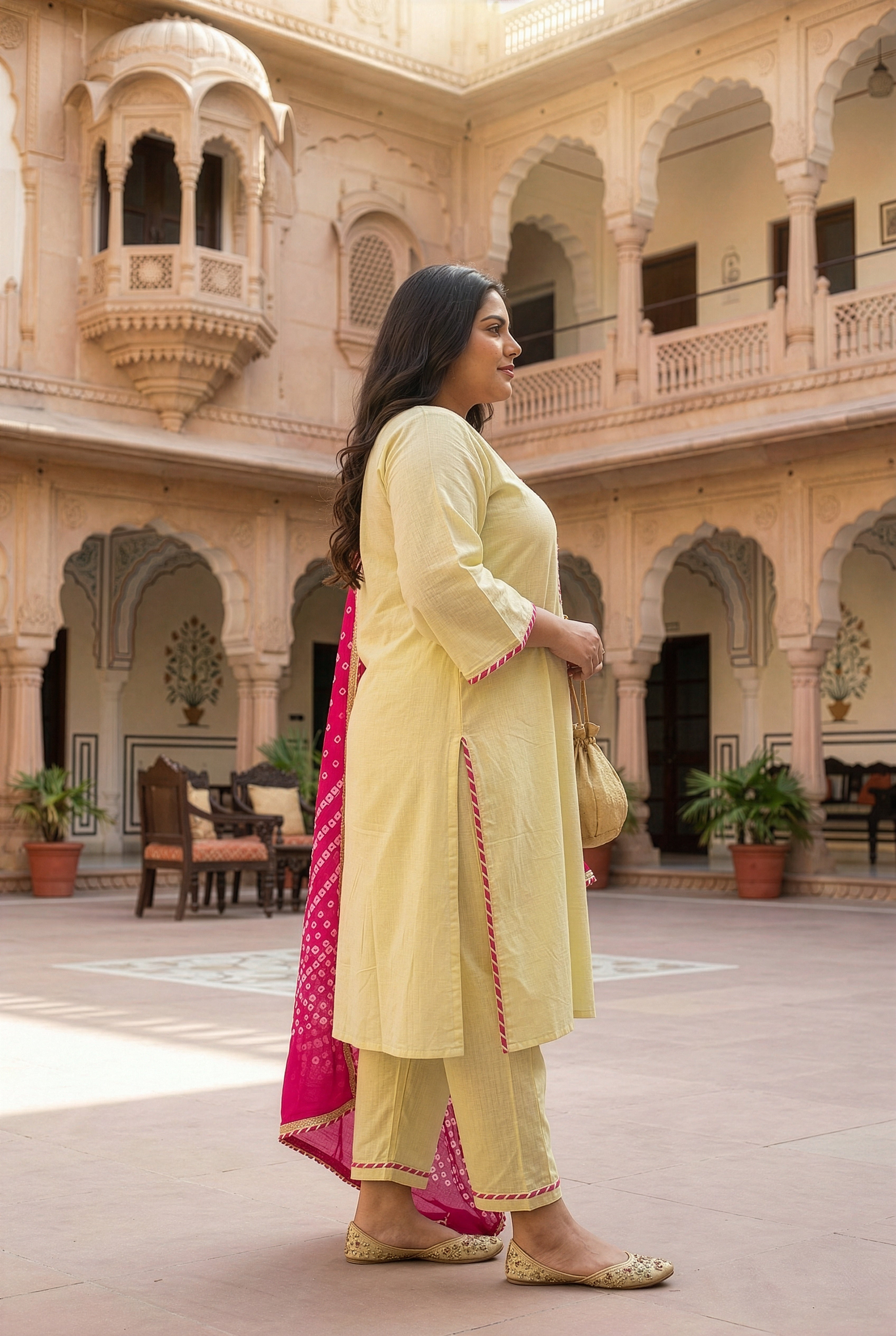 Lime Kurta Suit Set with Pink Bandhani Dupatta