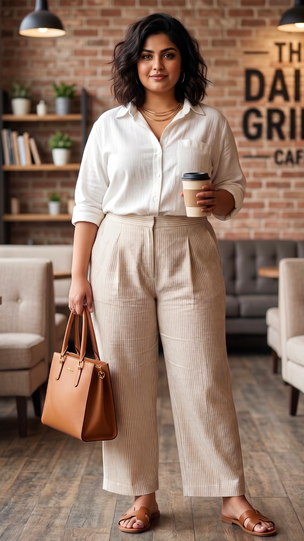 Plus Size Cotton Stripe Trousers for Women – Beige High Waist Straight Fit Pants