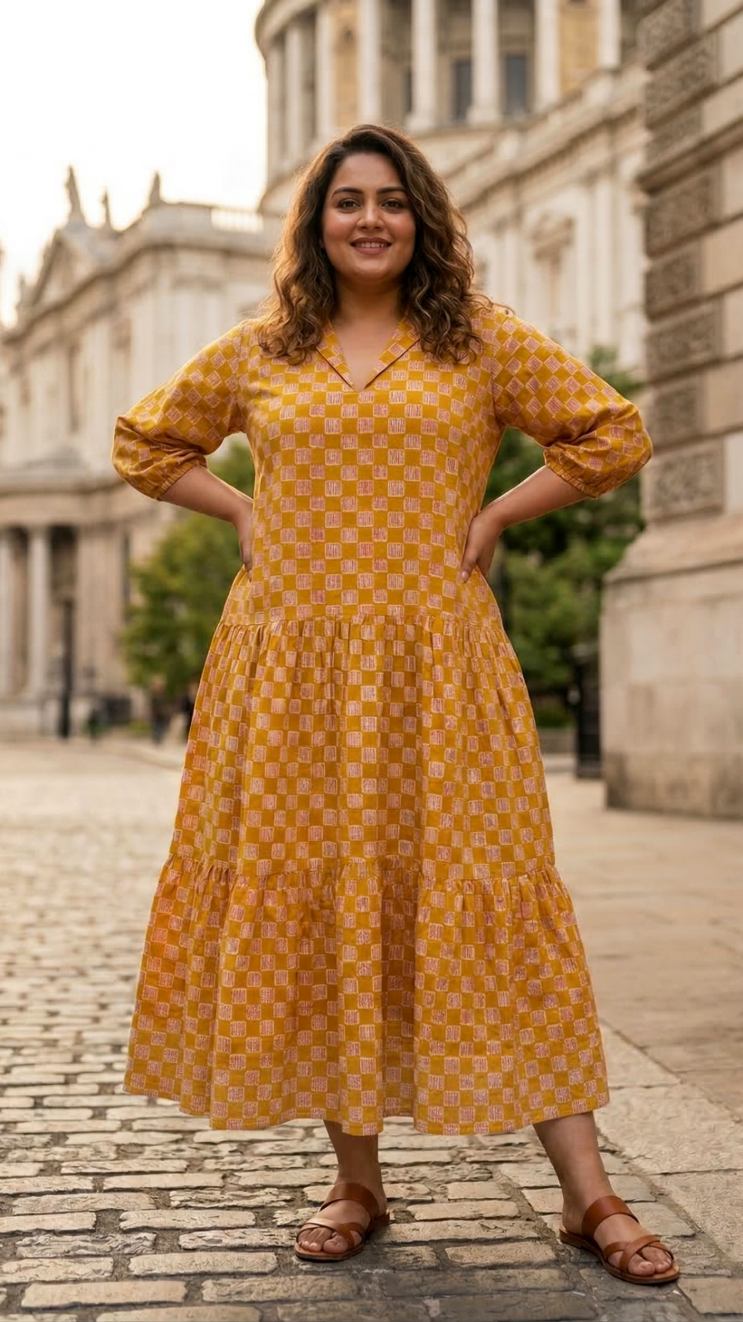 Plus Size Mustard Printed Cotton Tiered Midi Dress for Women – Elegant Casual Wear
