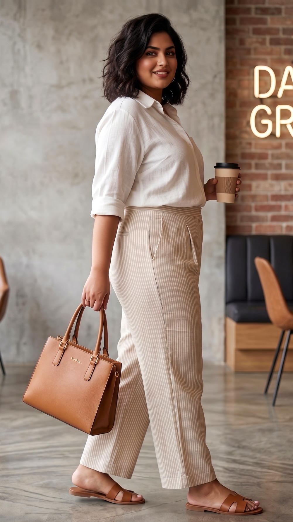 Plus Size Cotton Stripe Trousers for Women – Beige High Waist Straight Fit Pants
