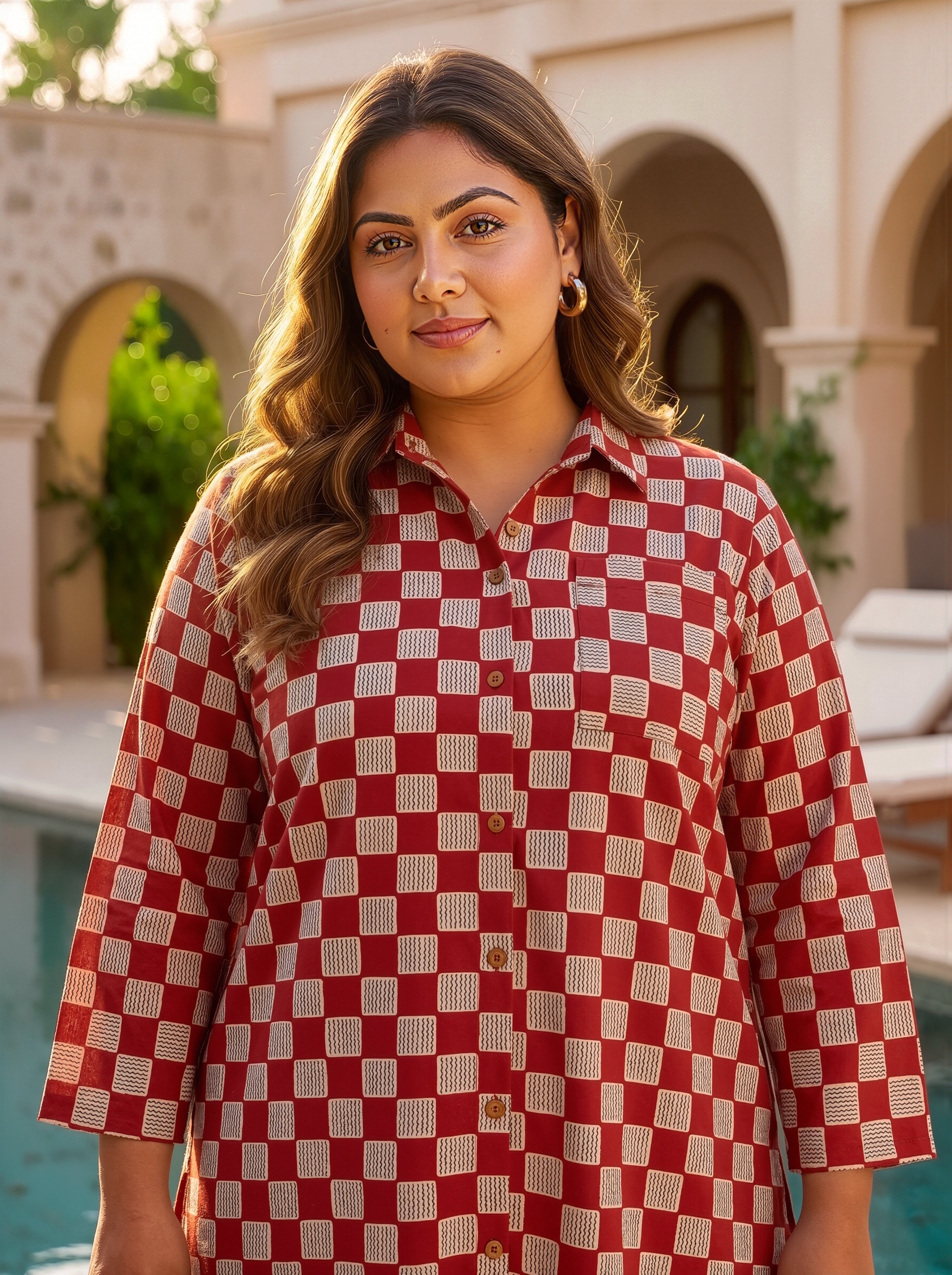 Plus Size Red  Checkered Cotton Co-ord Set for Women – Printed Relaxed Fit Shirt & Pants Set