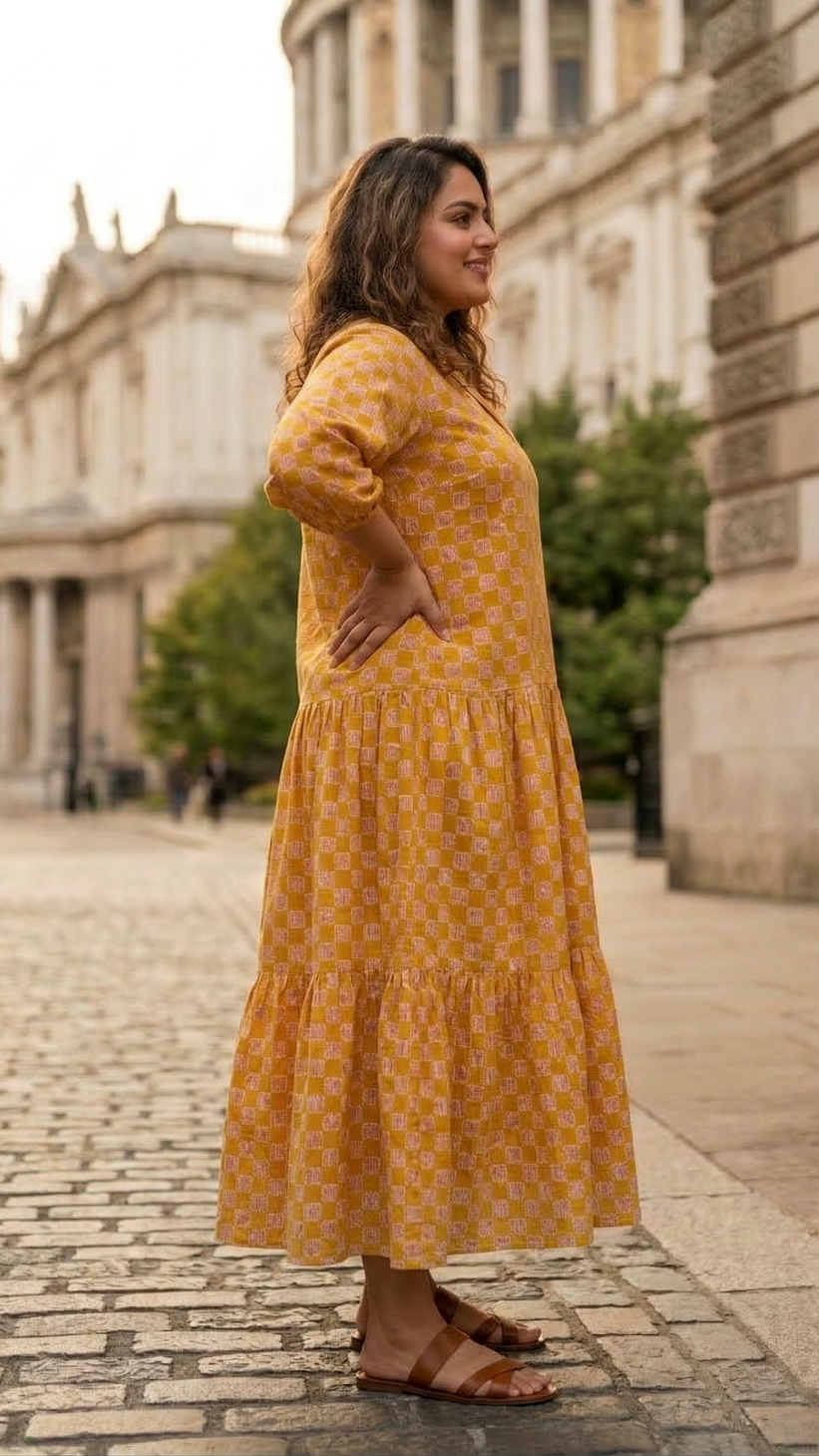 Plus Size Mustard Printed Cotton Tiered Midi Dress for Women – Elegant Casual Wear