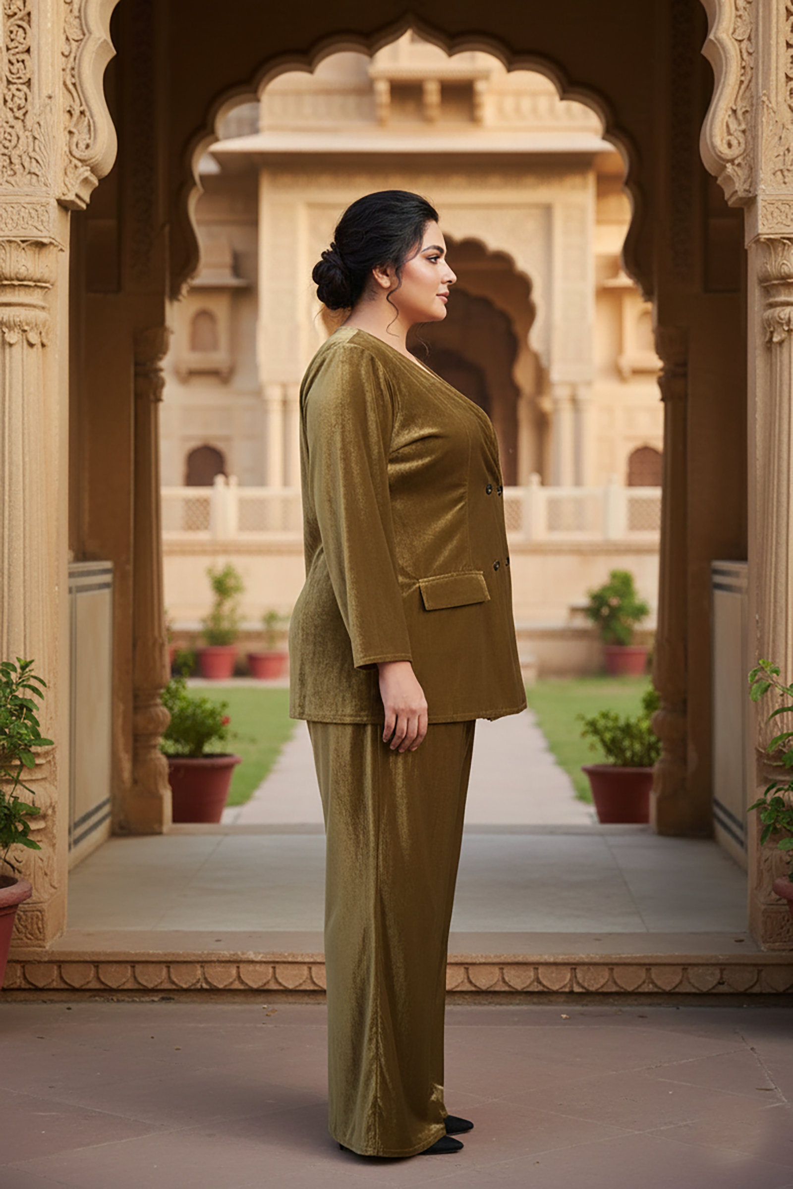 Plus Size Premium Plush Velvet Blazer & Wide-Leg Pants Co-Ord Set