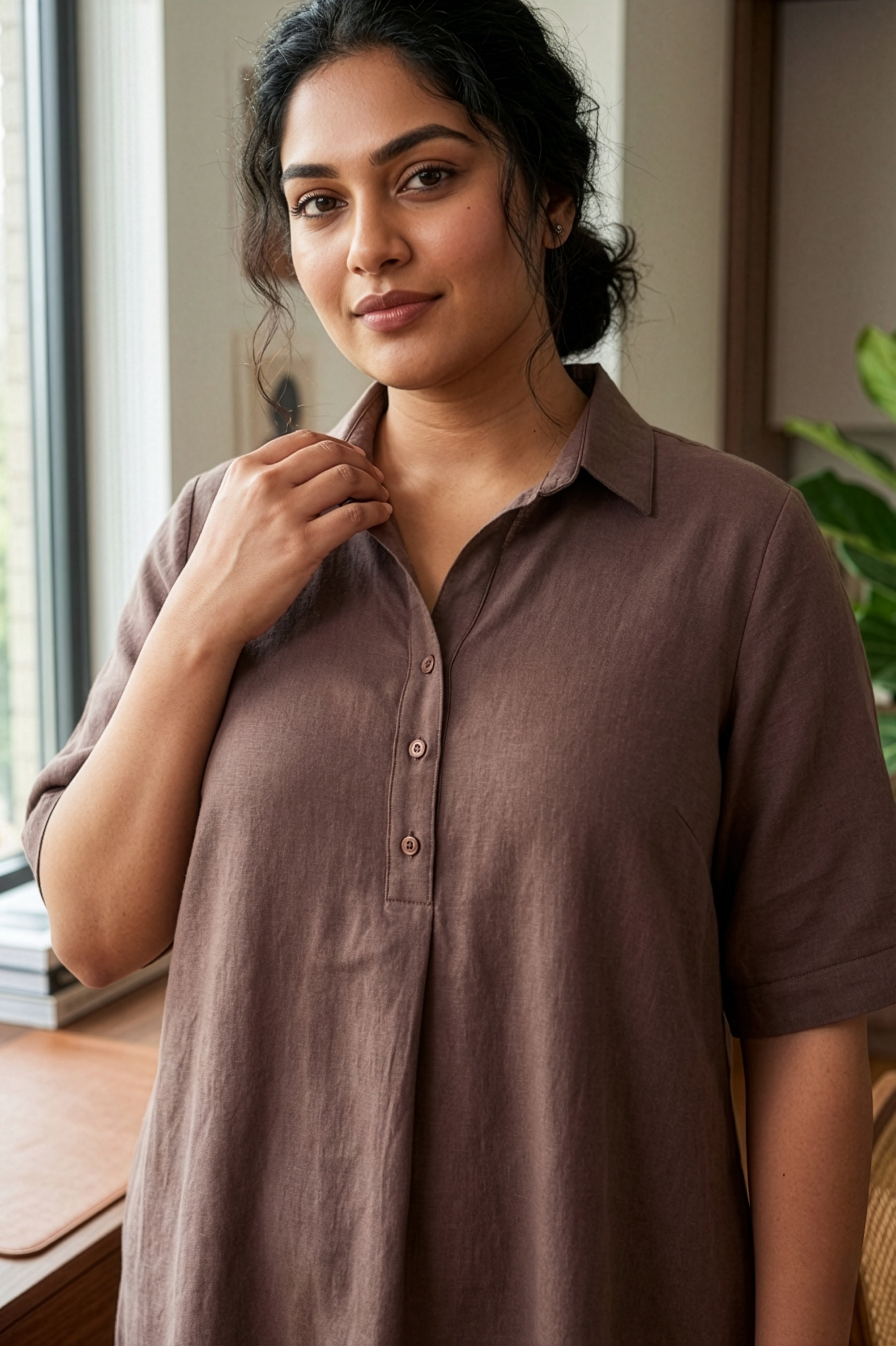 Plus Size Taupe Linen Co-ord Set for Women – Relaxed Fit Shirt Kurta & Pants