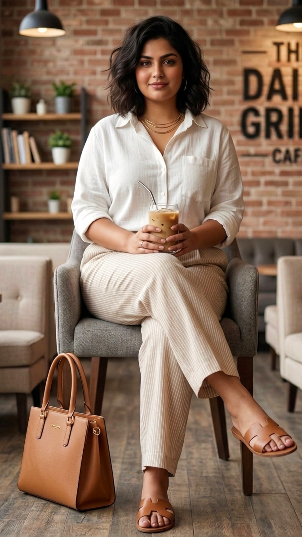Plus Size Cotton Stripe Trousers for Women – Beige High Waist Straight Fit Pants