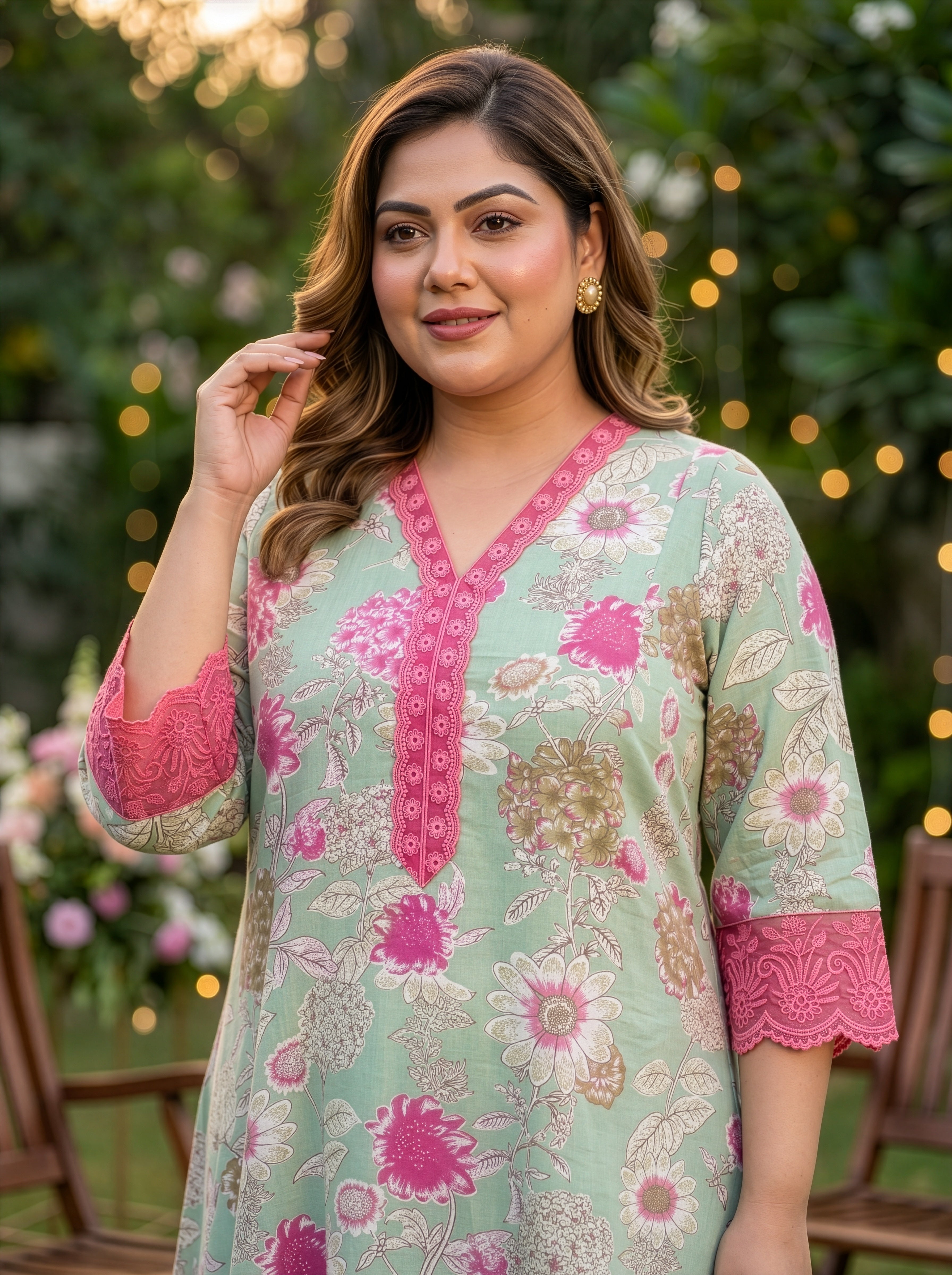 Plus Size Pink and Sage Green Floral Cotton Co-ord Set – Printed Top & Pants