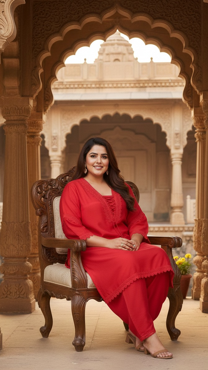 Plus Size Crimson Red Lace Detail Kurta Pant Set For Women