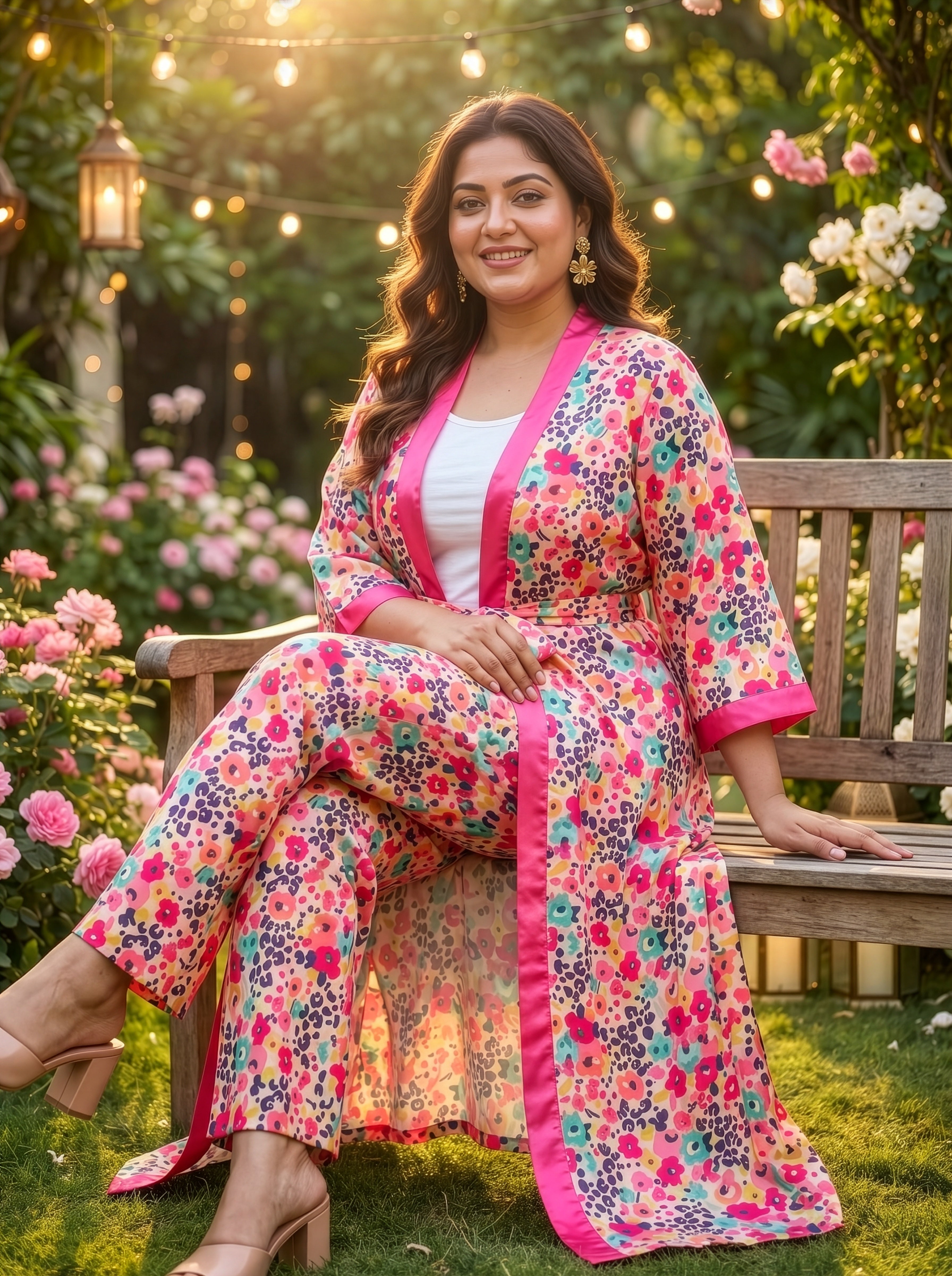 Plus Size Peach Satin Kimono Co-ord Set for Women – Printed Kimono & Trousers
