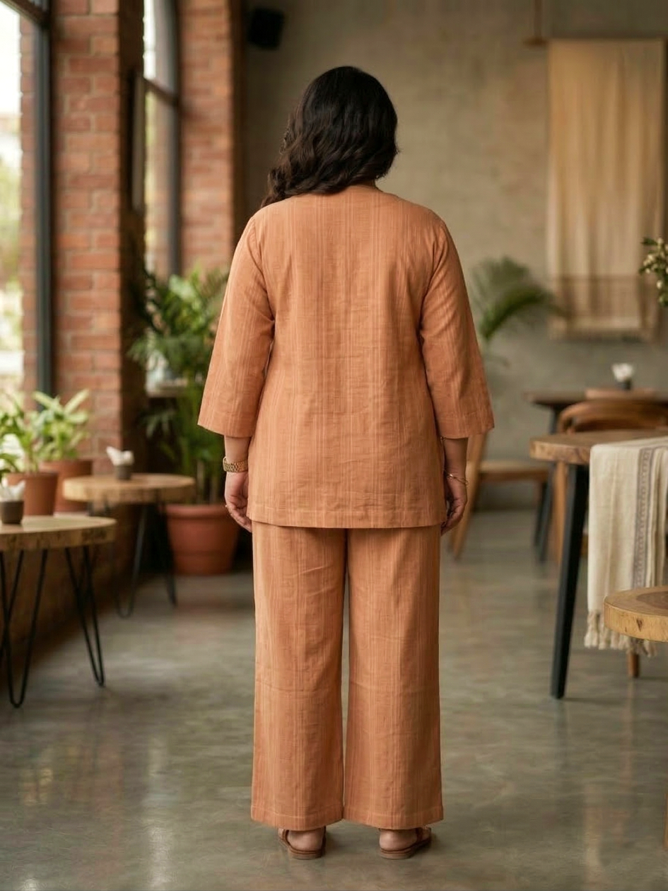 Plus Size Women Elegant Brown Cotton Stripes Co-Ord Set – Comfortable Casual Wear